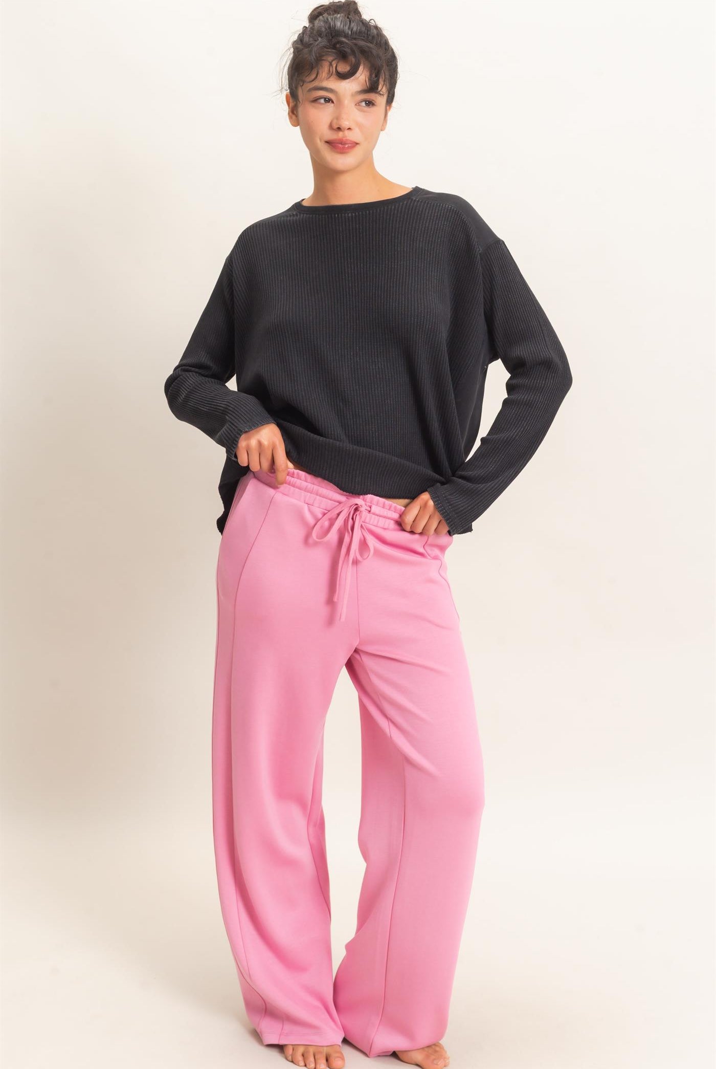 Wholesale Oversized Mineral Washed Waffle Knit Top Clothing Tops DZ26E654 BLACK DOUBLE ZERO