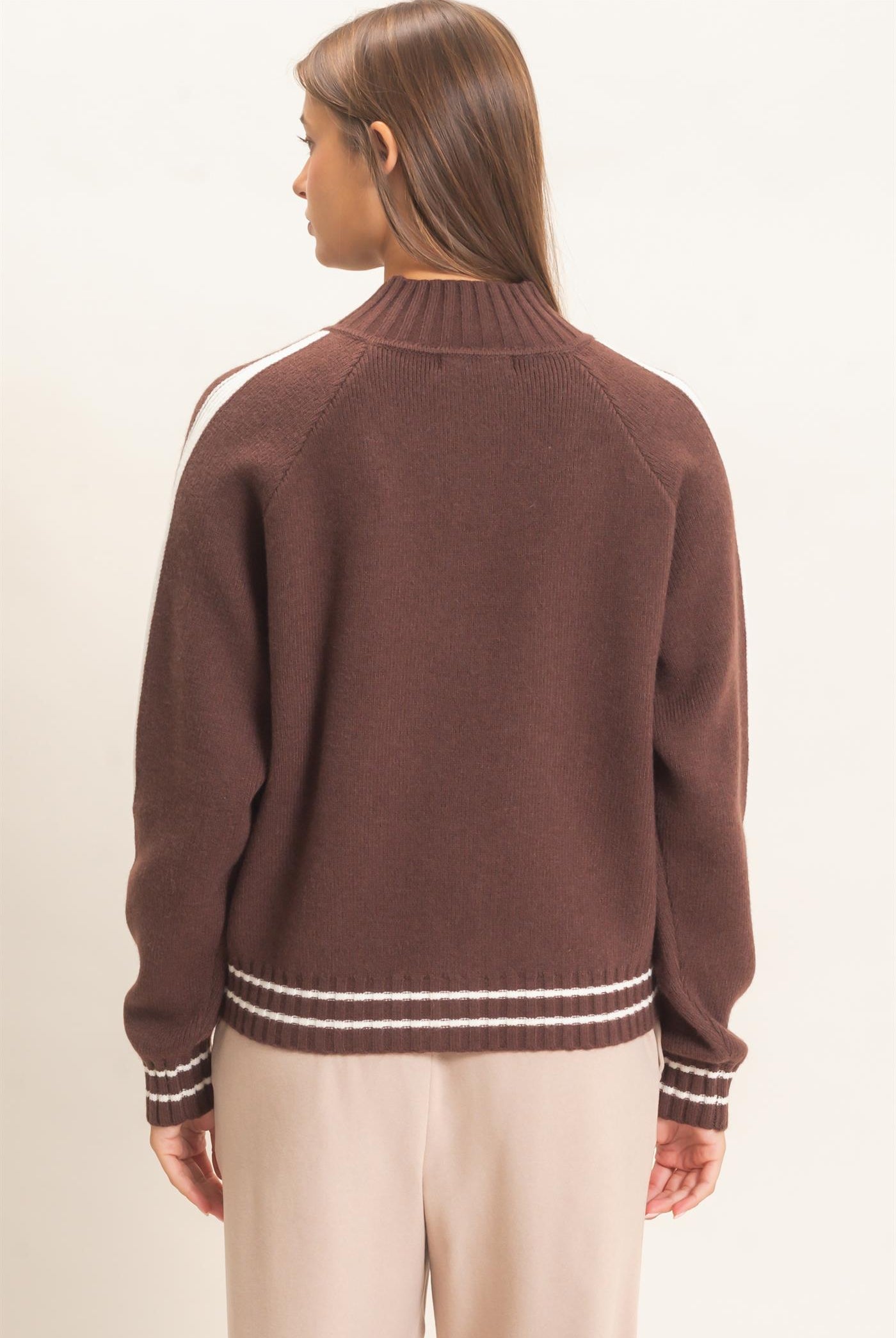 Wholesale Contrast Stripe Zip-Up Sweater Sweaters DZ26E861 DARK BROWN DOUBLE ZERO