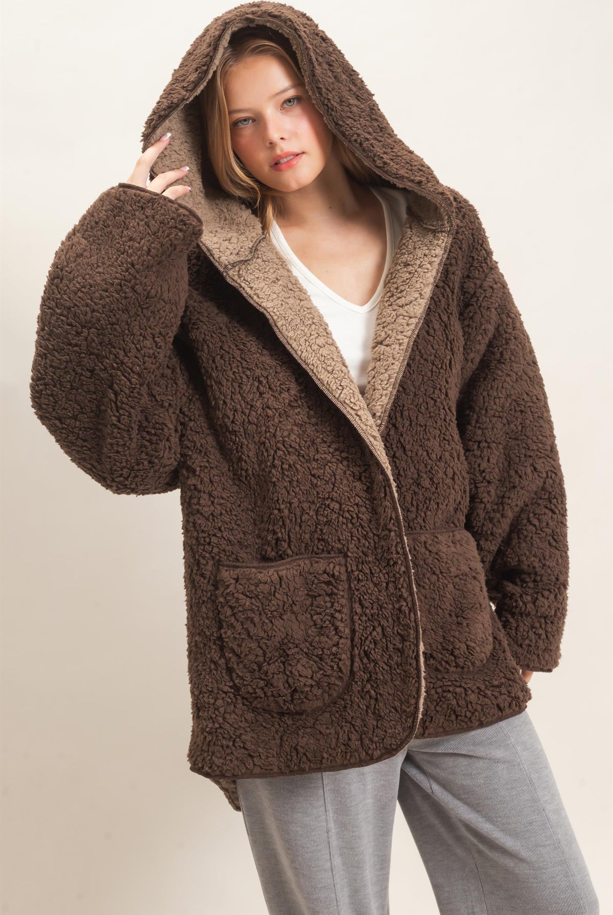 Wholesale Hooded Sherpa Jacket Coats & Jackets HF26E874 DARK BROWN HYFVE