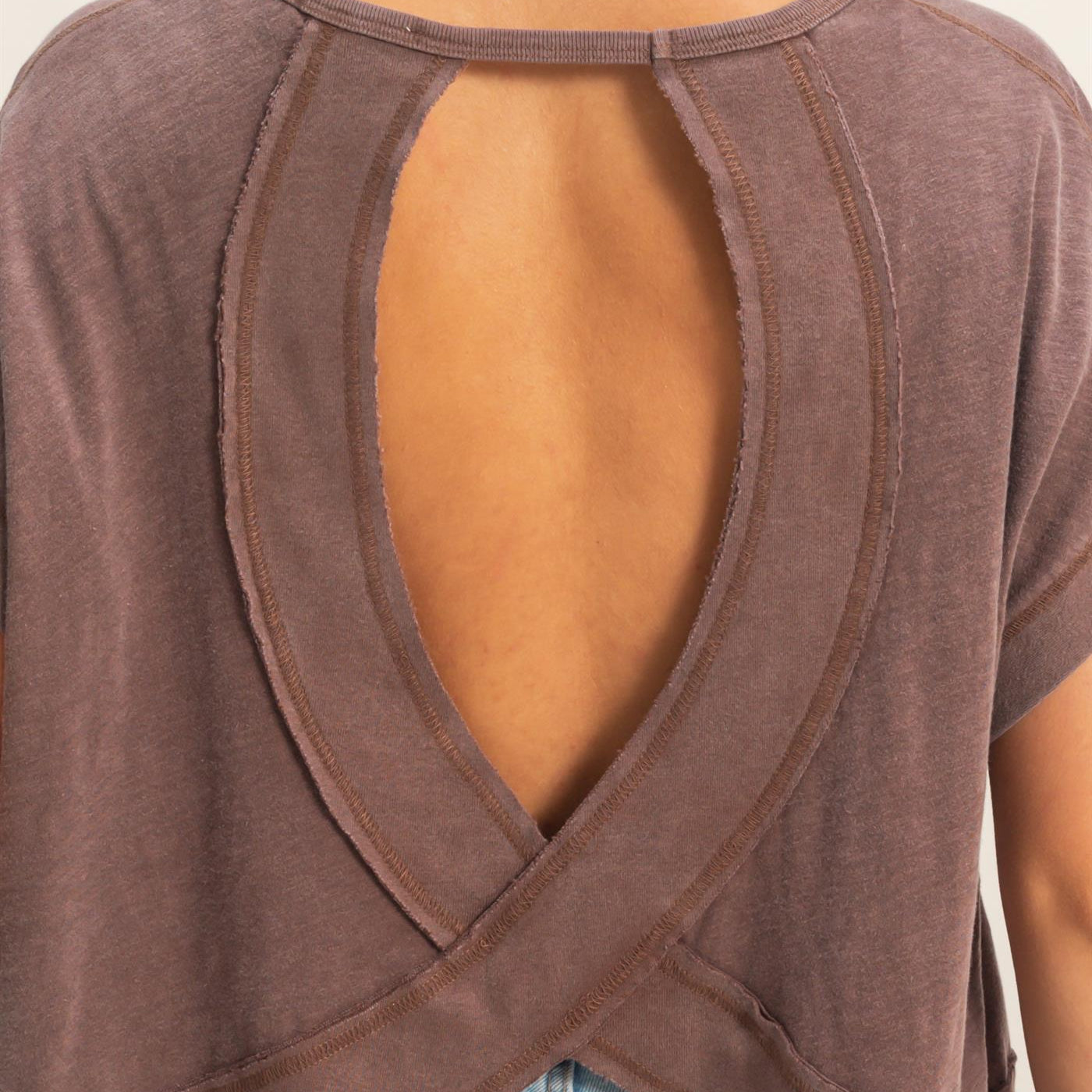 Wholesale Acid Wahsed Cross Detail Open Back Top Clothing Tops DZ26A225 CHOCOLATE DOUBLE ZERO