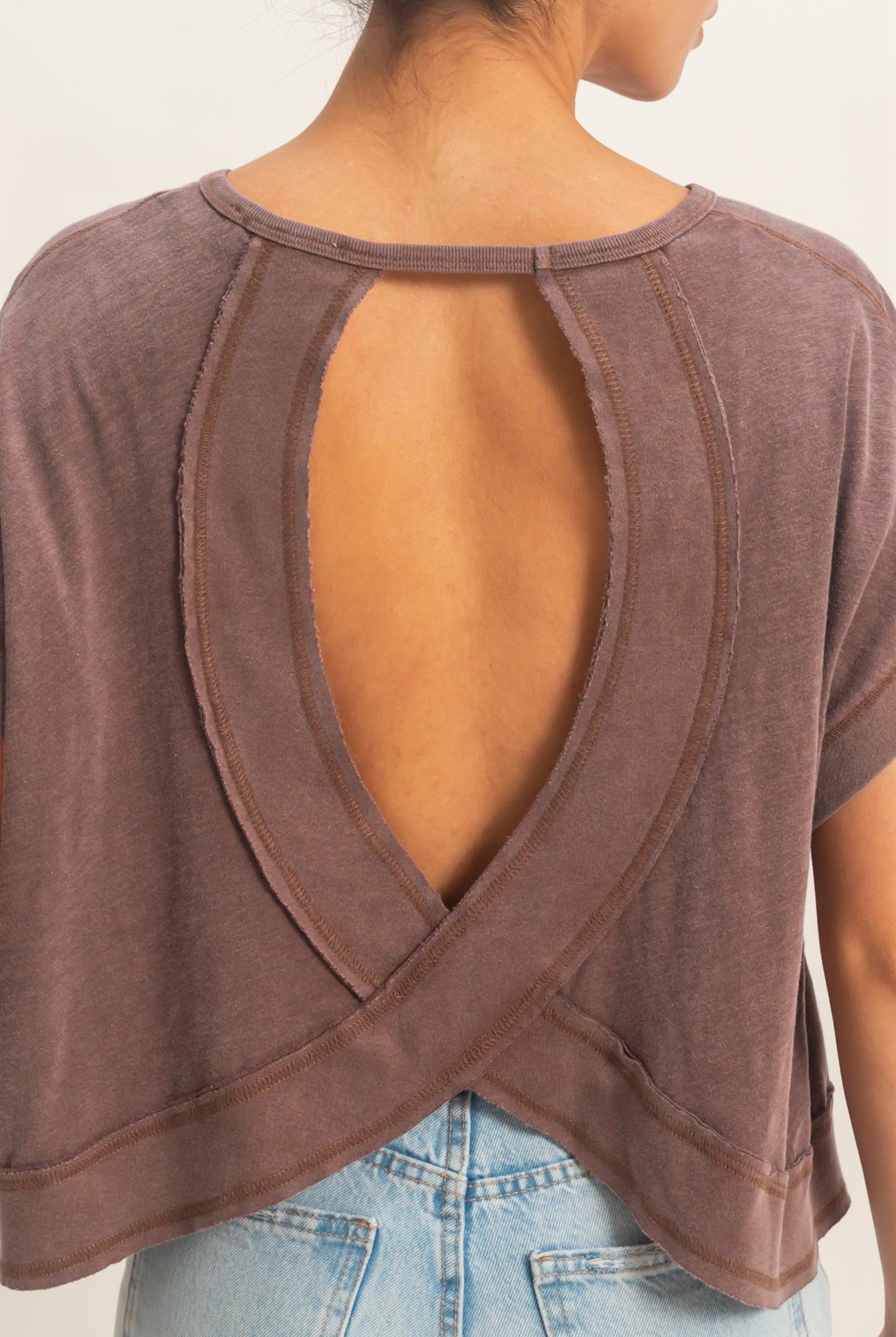 Wholesale Acid Wahsed Cross Detail Open Back Top Clothing Tops DZ26A225 CHOCOLATE DOUBLE ZERO