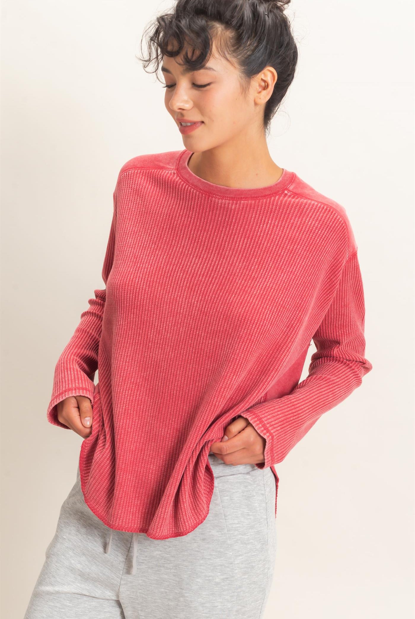 Wholesale Oversized Mineral Washed Waffle Knit Top Clothing Tops DZ26E654 DARK RED DOUBLE ZERO
