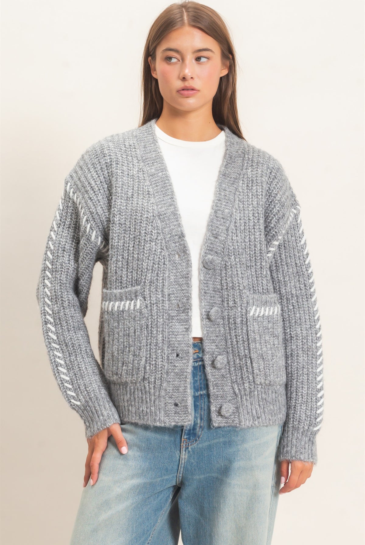 Wholesale Blanket Stitch Oversized Sweater Cardigan Cardigans DZ26E296 HEATHER GRAY DOUBLE ZERO