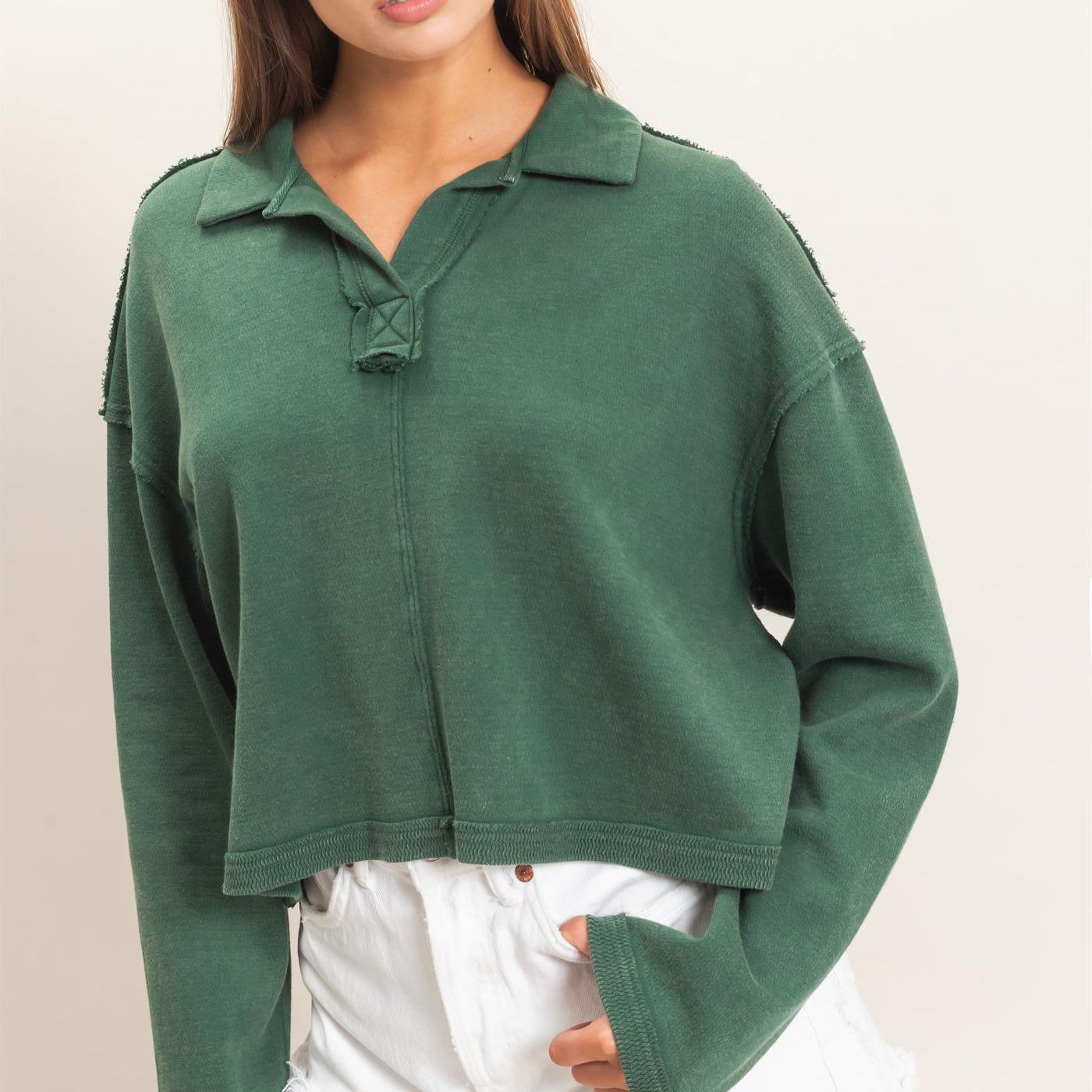 Wholesale Mineral Wash Textured Collar Top Polos DZ26E814 DARK GREEN DOUBLE ZERO