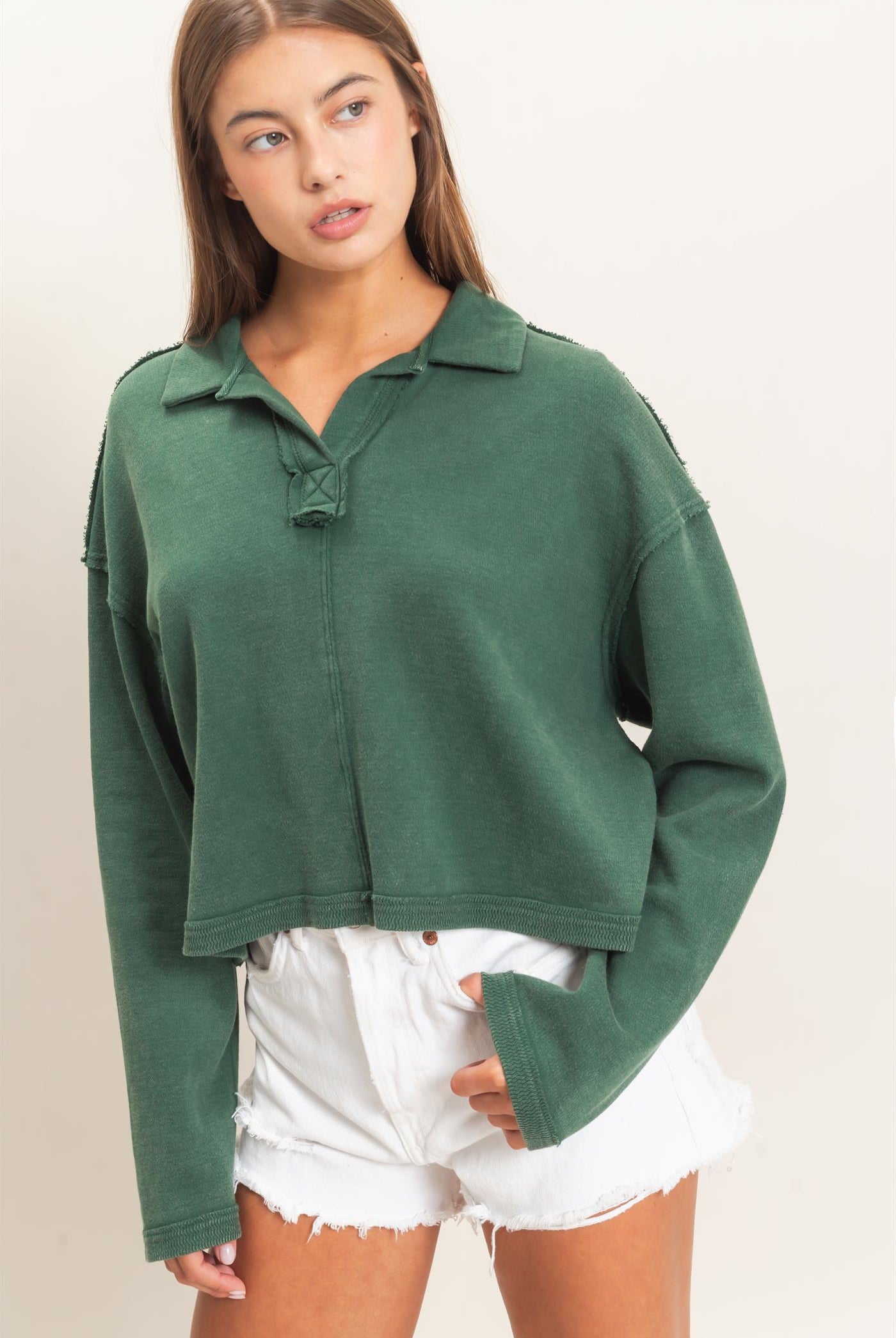Wholesale Mineral Wash Textured Collar Top Polos DZ26E814 DARK GREEN DOUBLE ZERO
