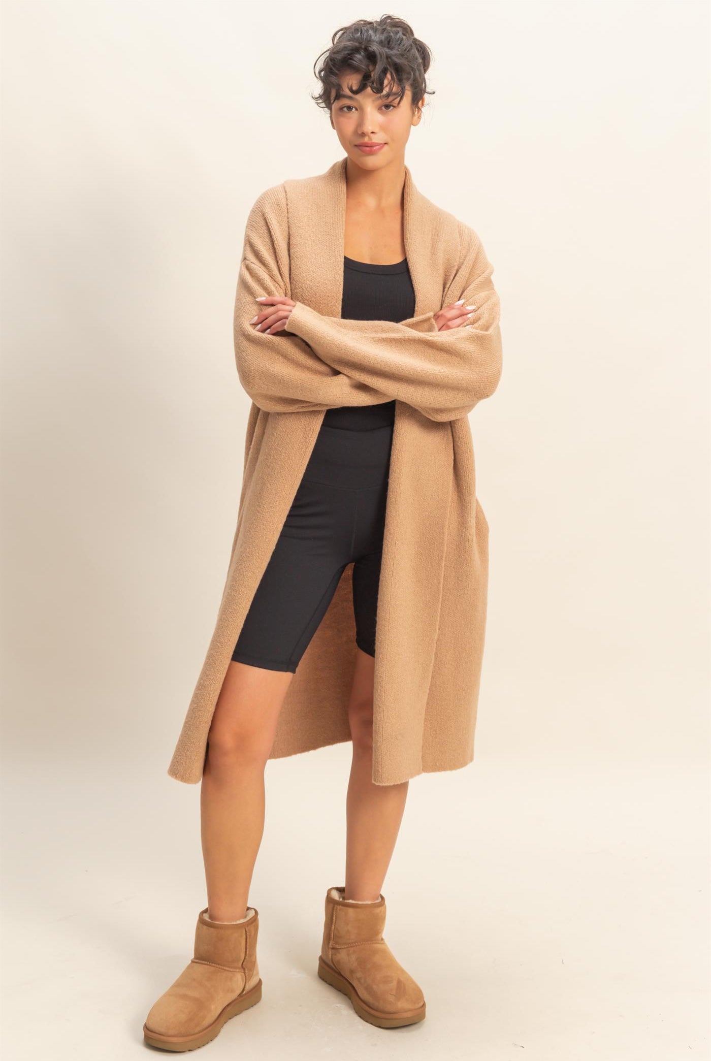 Wholesale Longline Open Front Duster Sweater Cardigans DZ25F435 DARK TAUPE DOUBLE ZERO