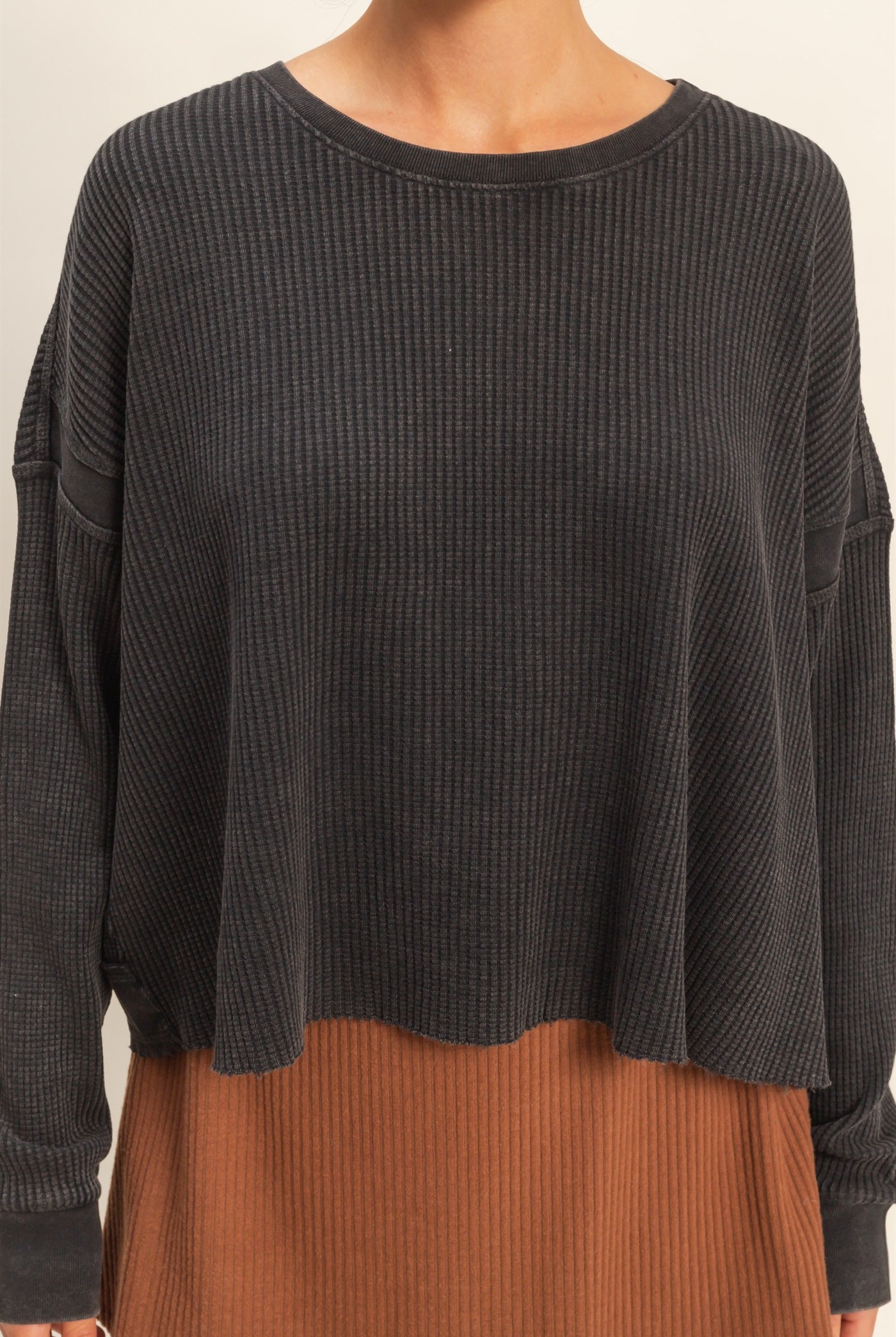 Wholesale Open Back Textured Knit Long Sleeve Top Clothing Tops DZ26A626 BLACK DOUBLE ZERO