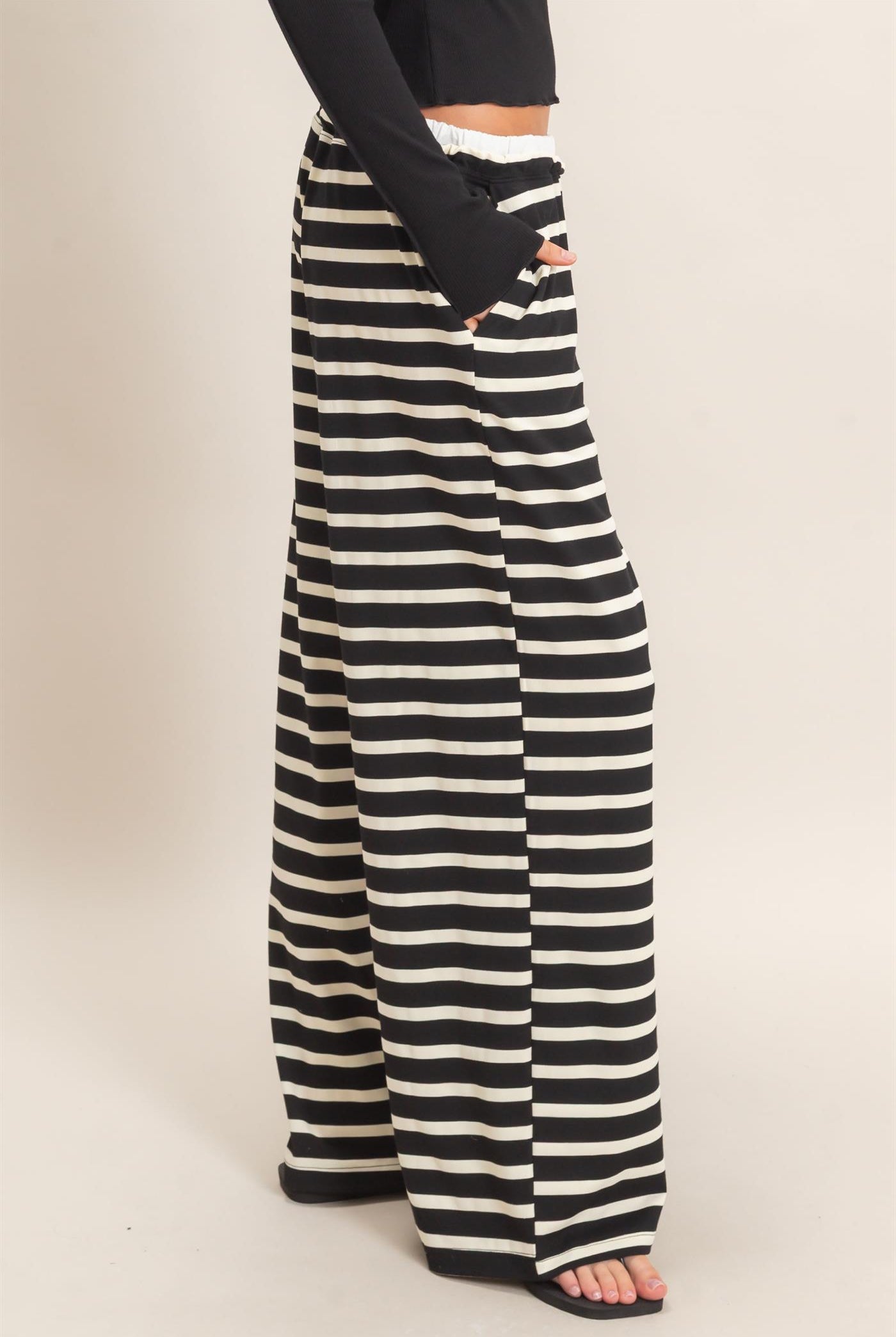Wholesale Striped Wide-Leg Pants Pants HF26F229-D BLACK/ CREAM HYFVE