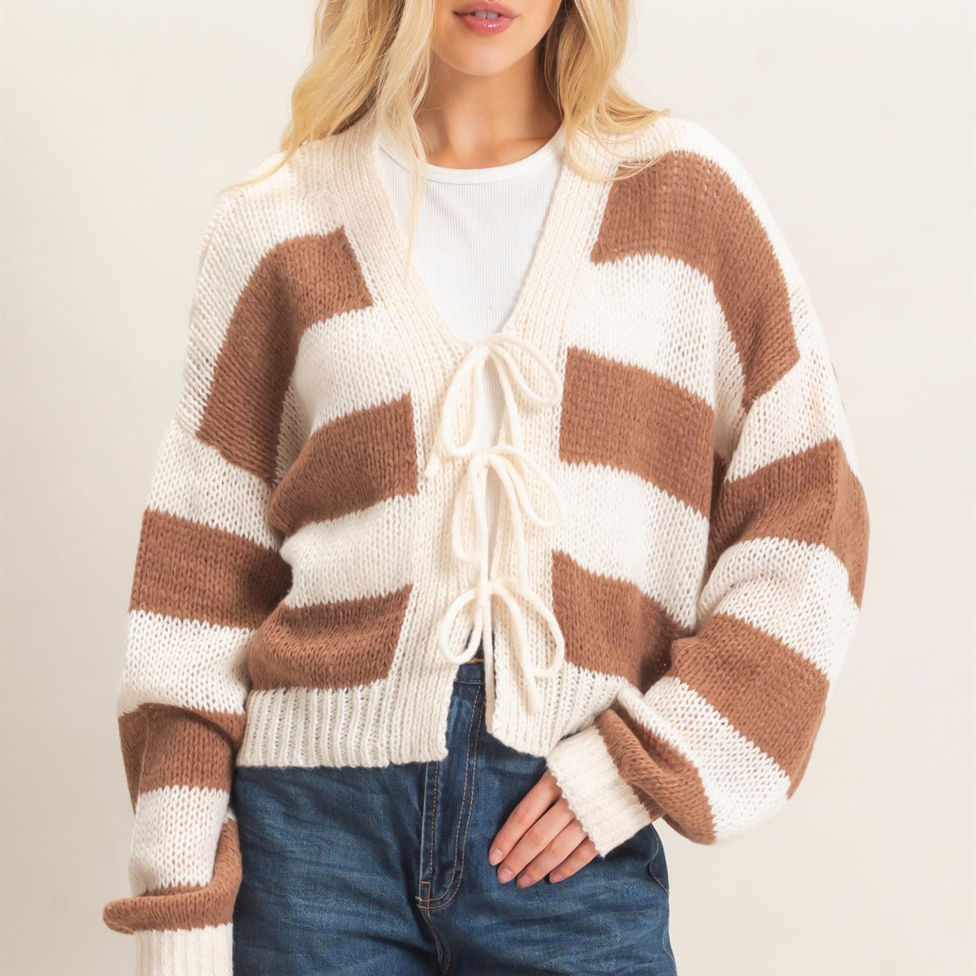 Wholesale Striped V-Neck Sweater Cardigan Cardigans HF26E959 BROWN HYFVE