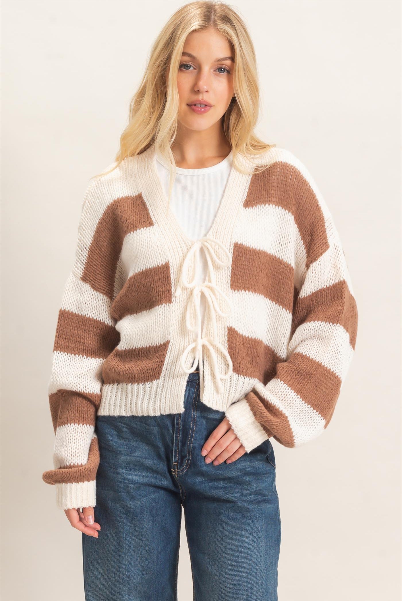 Wholesale Striped V-Neck Sweater Cardigan Cardigans HF26E959 BROWN HYFVE