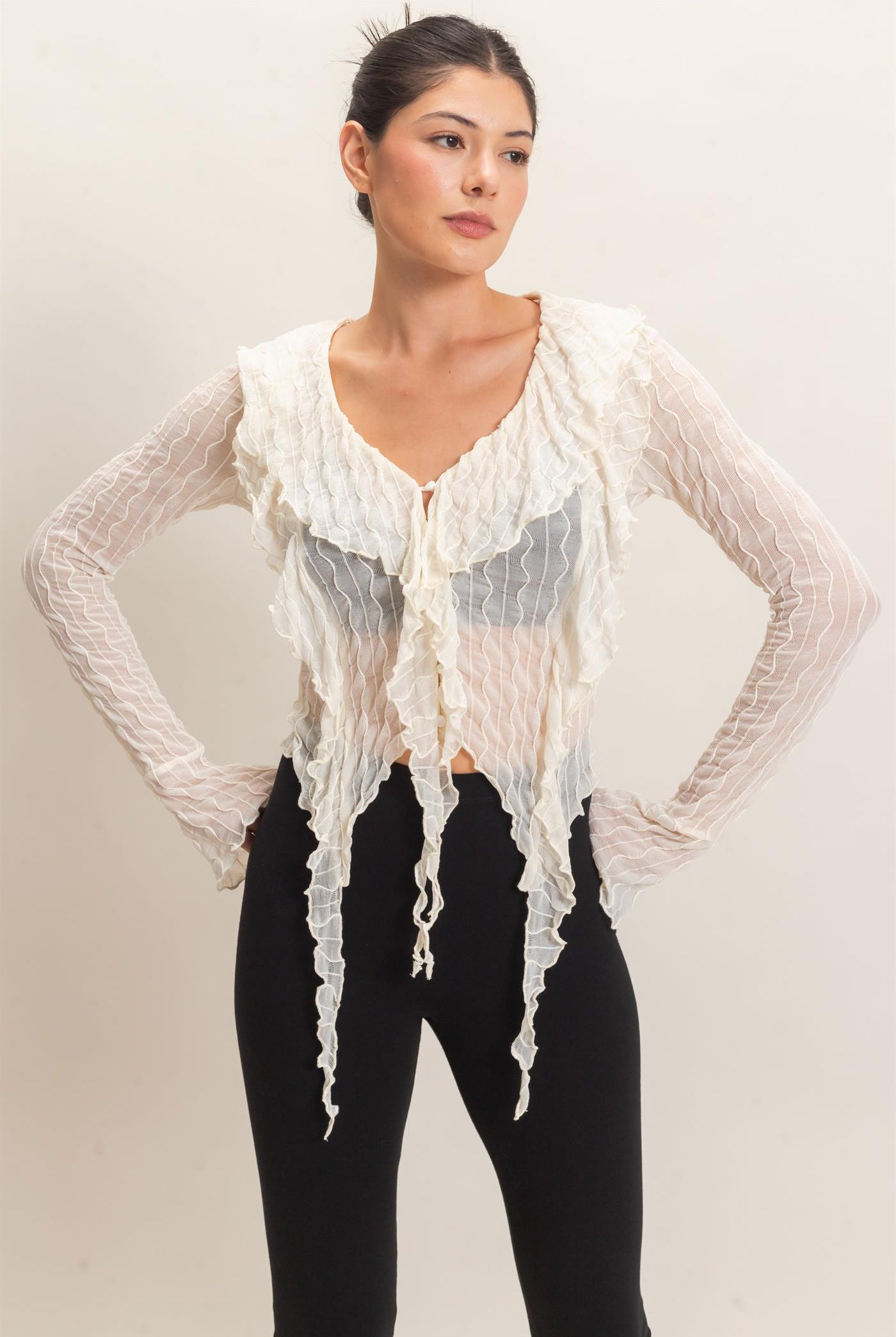 Wholesale Textured V-Neck Tie Front Top Blouses HF26F072 IVORY HYFVE