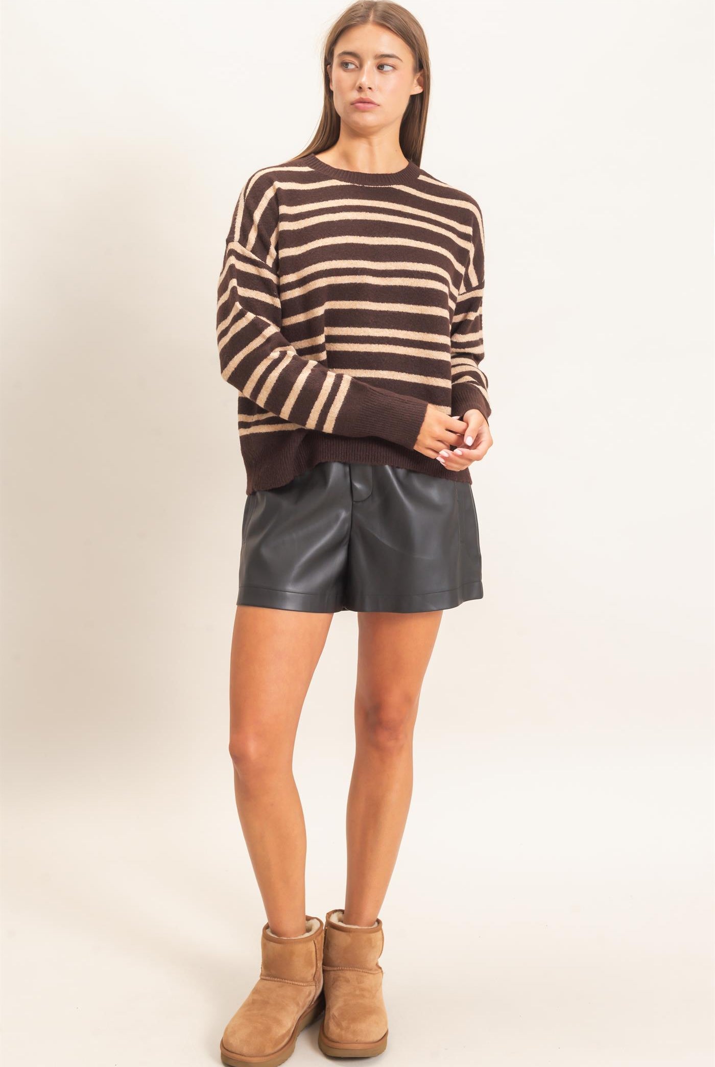 Wholesale Striped Crew Neck Sweater Sweaters DZ26E389 DARK BROWN DOUBLE ZERO