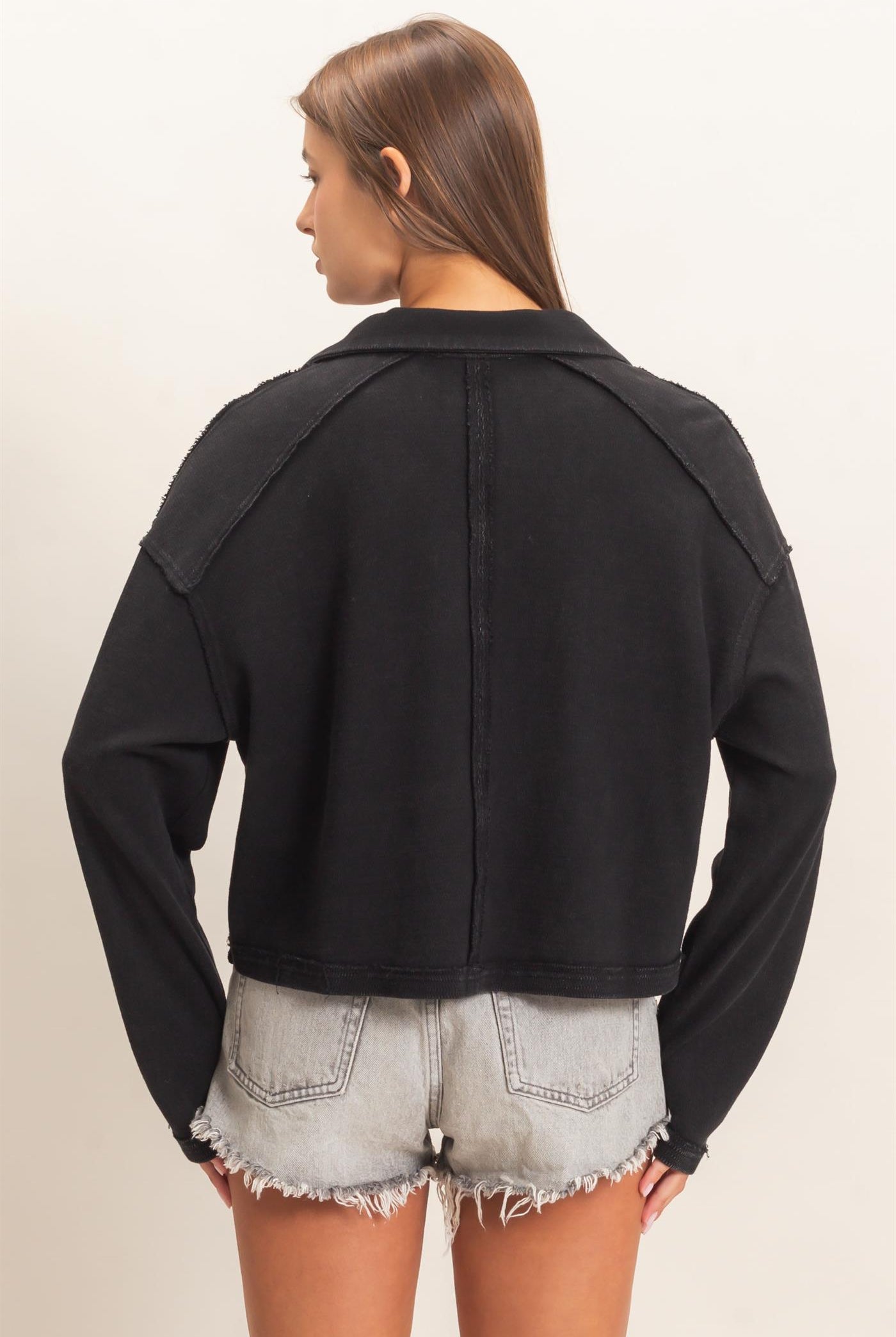 Wholesale Mineral Wash Textured Collar Top Polos DZ26E814 BLACK DOUBLE ZERO