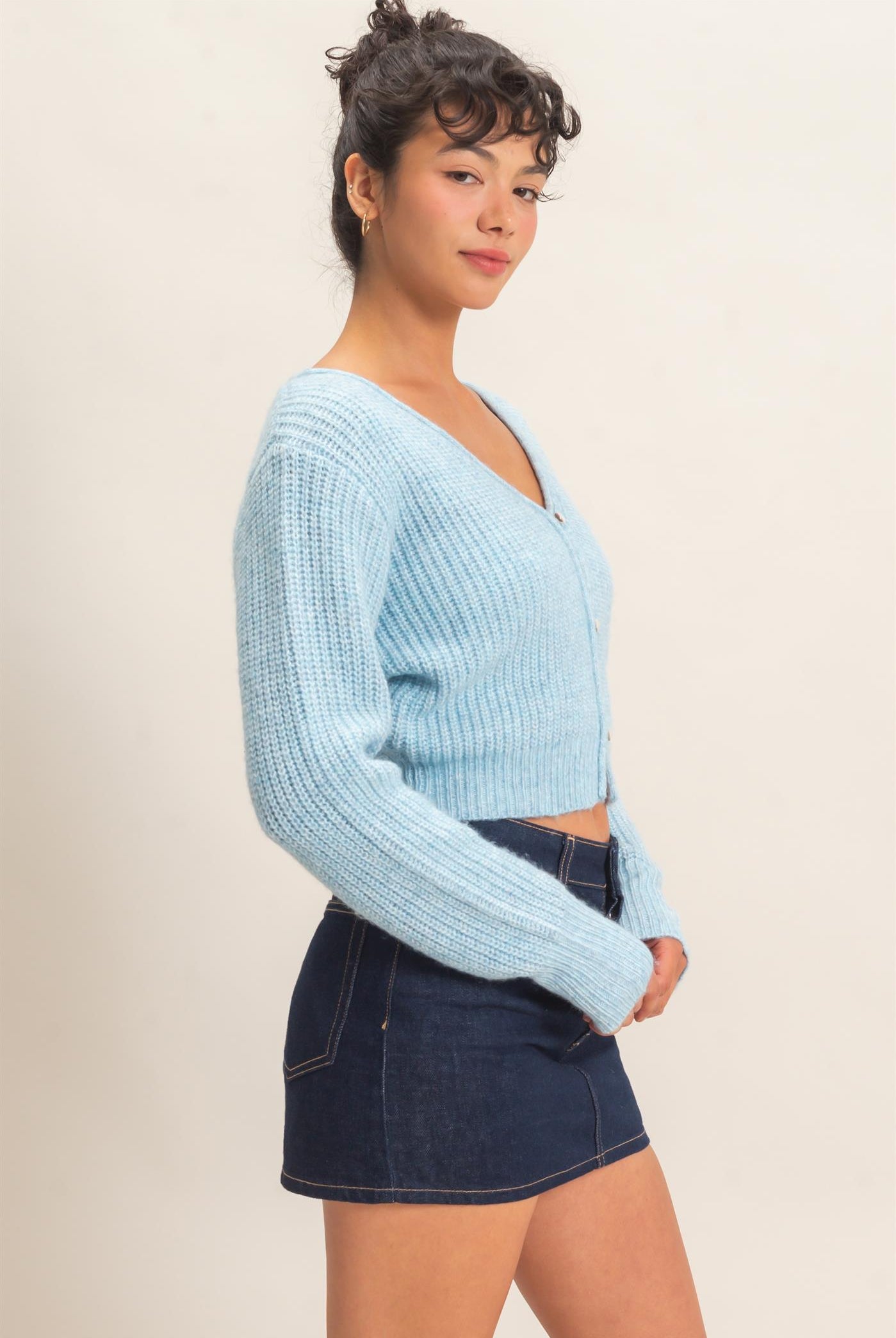 Wholesale V-Neck Ribbed Cardigan Cardigans DZ26E106 BLUE DOUBLE ZERO