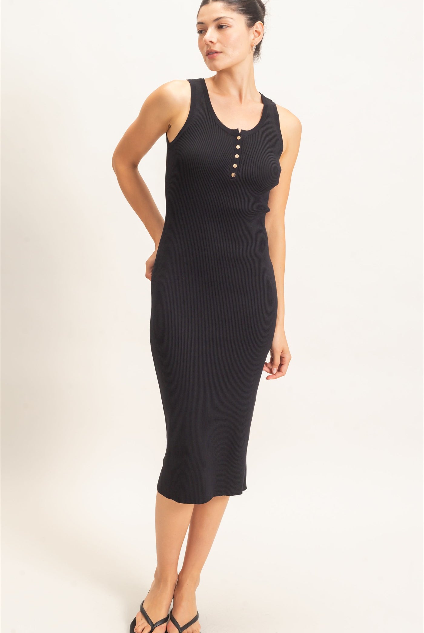 Wholesale Ribbed Button-Front Tank Dress Dresses HF26E218 BLACK HYFVE