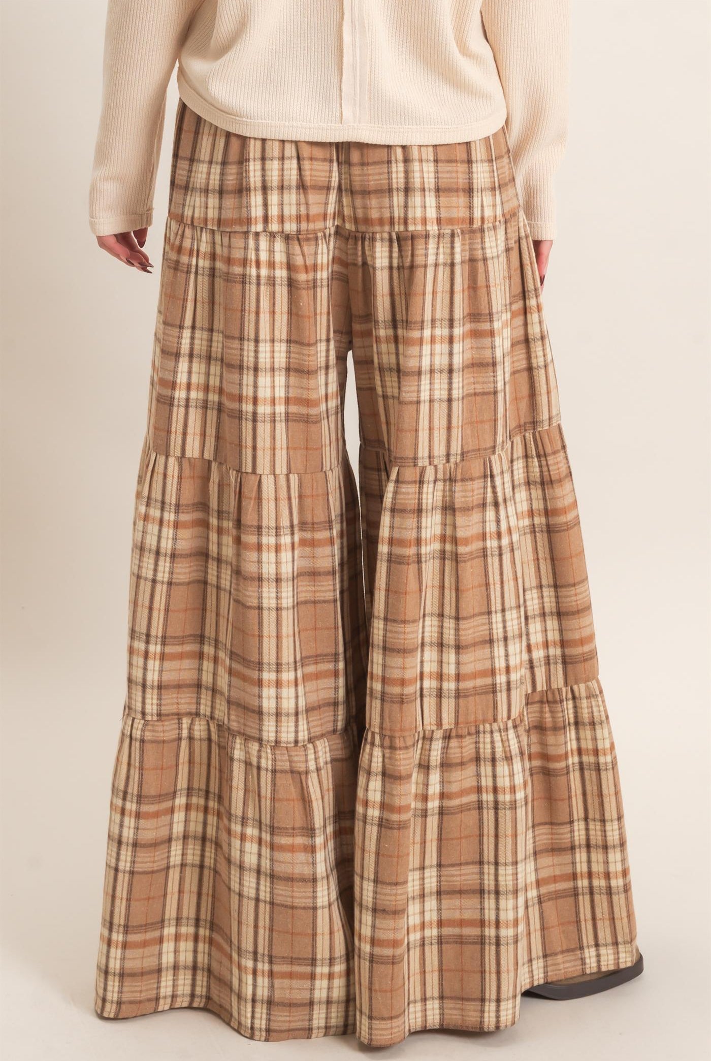 Wholesale Tiered Plaid Wide-Leg Pants Pants HF26E042 MOCHA HYFVE