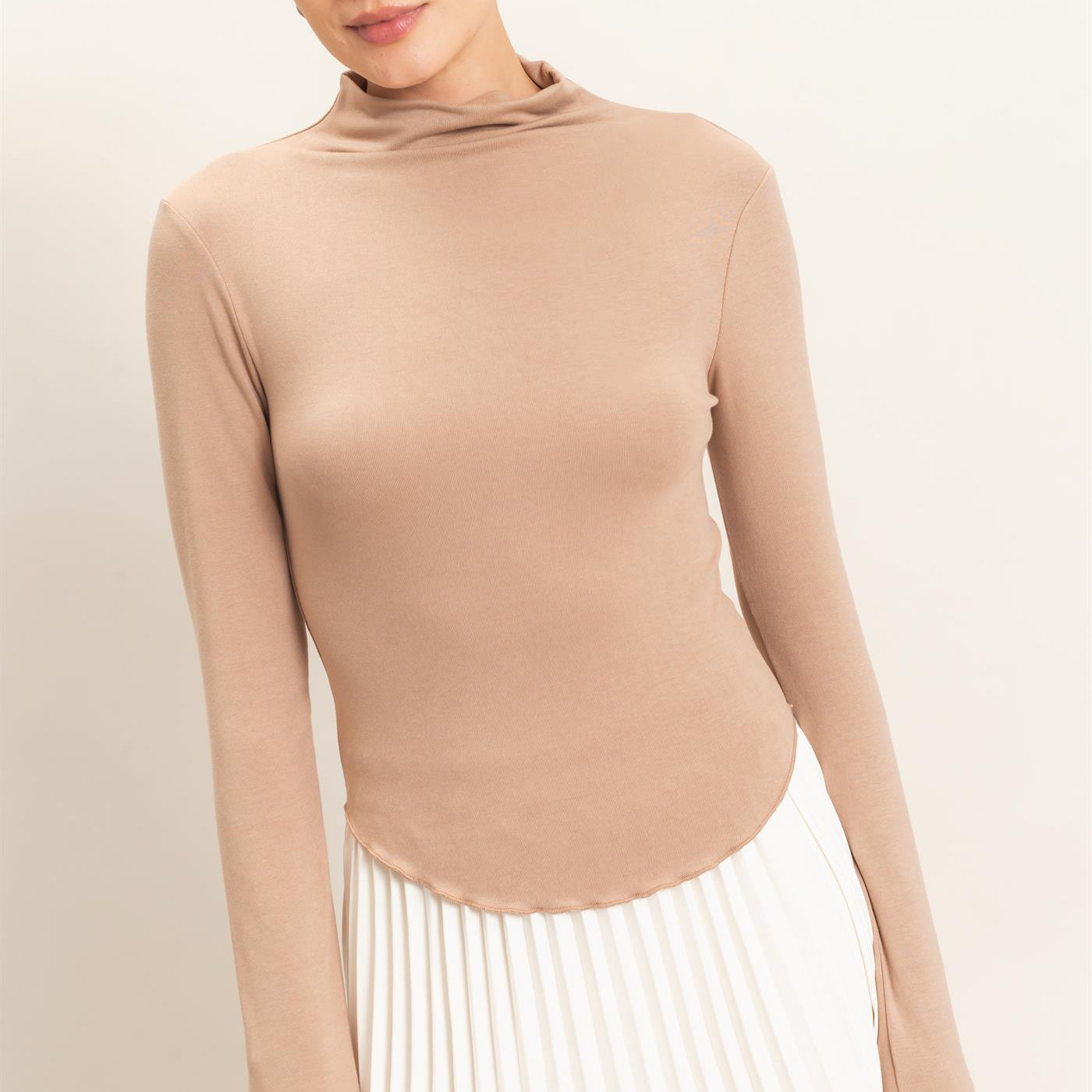 Wholesale Long Sleeve Lettuce Hem Top Clothing Tops HF26F122 LIGHT BROWN HYFVE