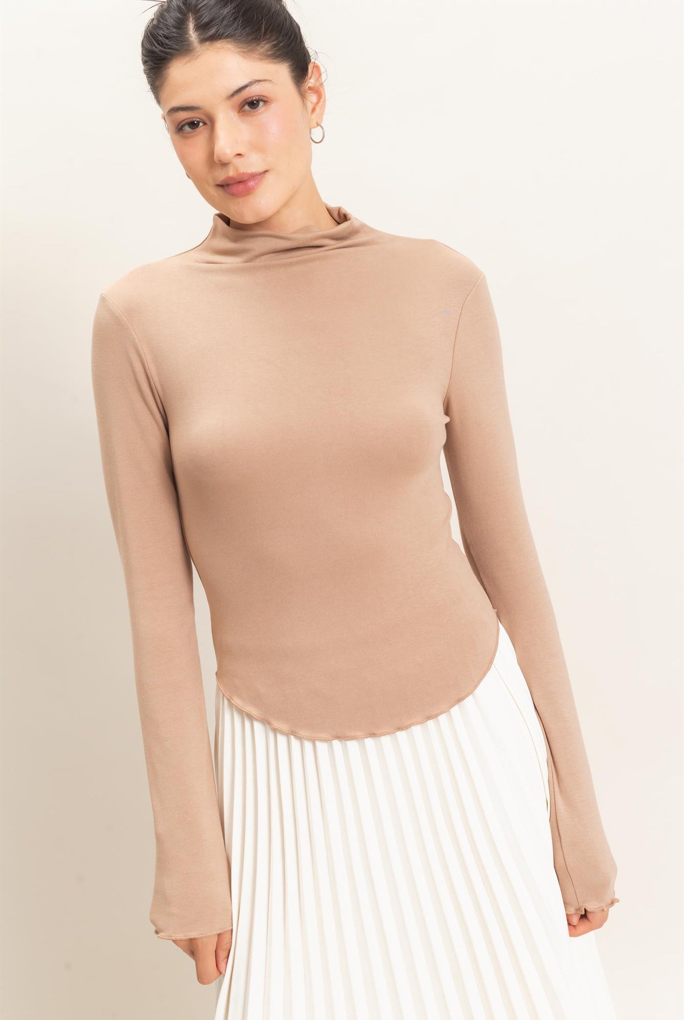 Wholesale Long Sleeve Lettuce Hem Top Clothing Tops HF26F122 LIGHT BROWN HYFVE