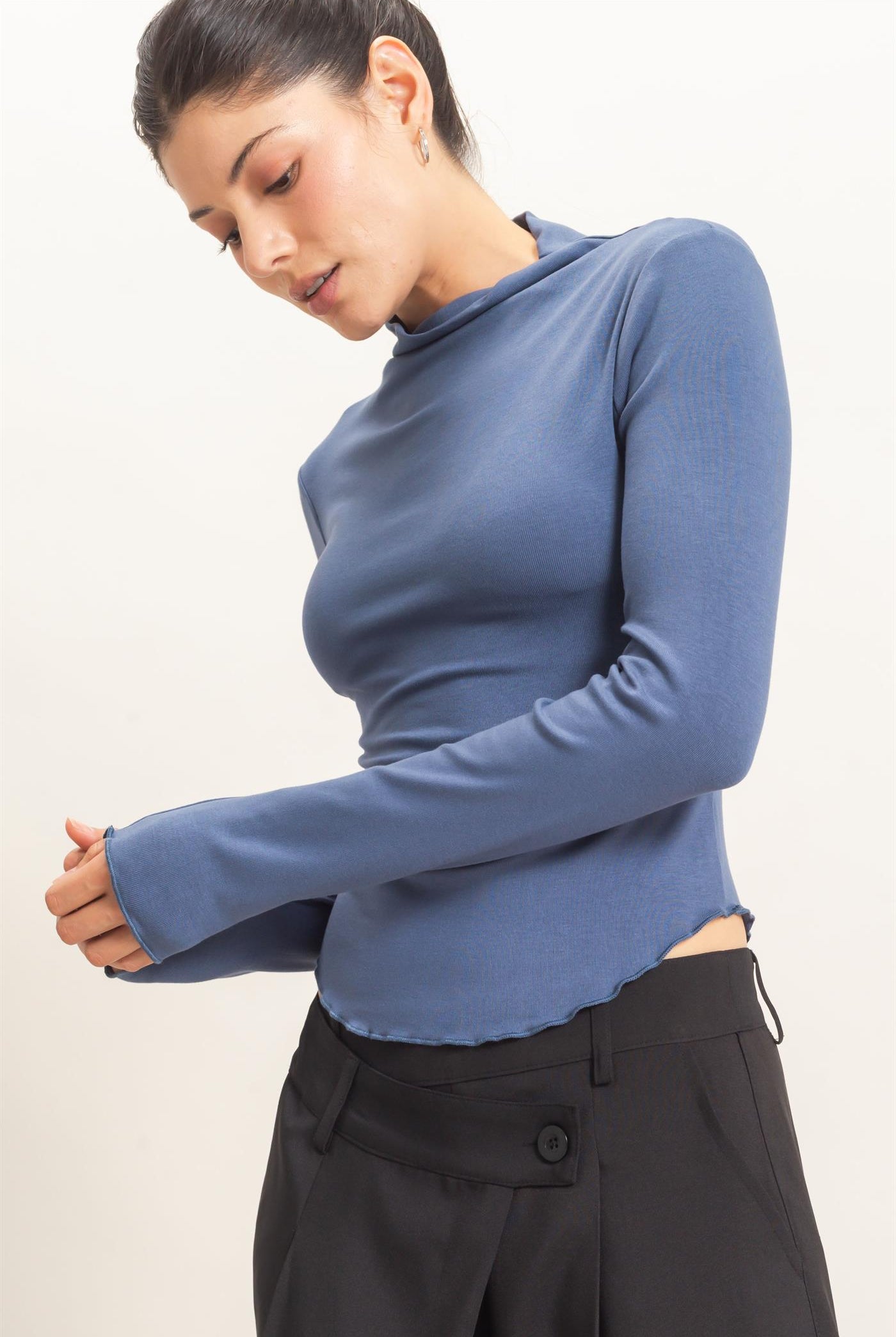 Wholesale Long Sleeve Lettuce Hem Top Clothing Tops HF26F122 STEEL BLUE HYFVE