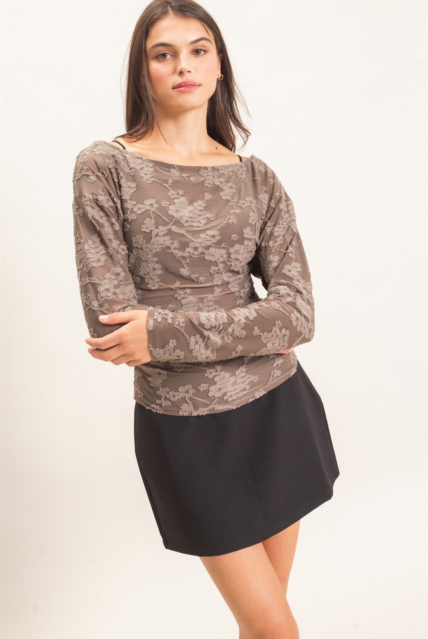 Wholesale Sheer Lace Boat Neck Top Blouses HF26E761 GRAY HYFVE
