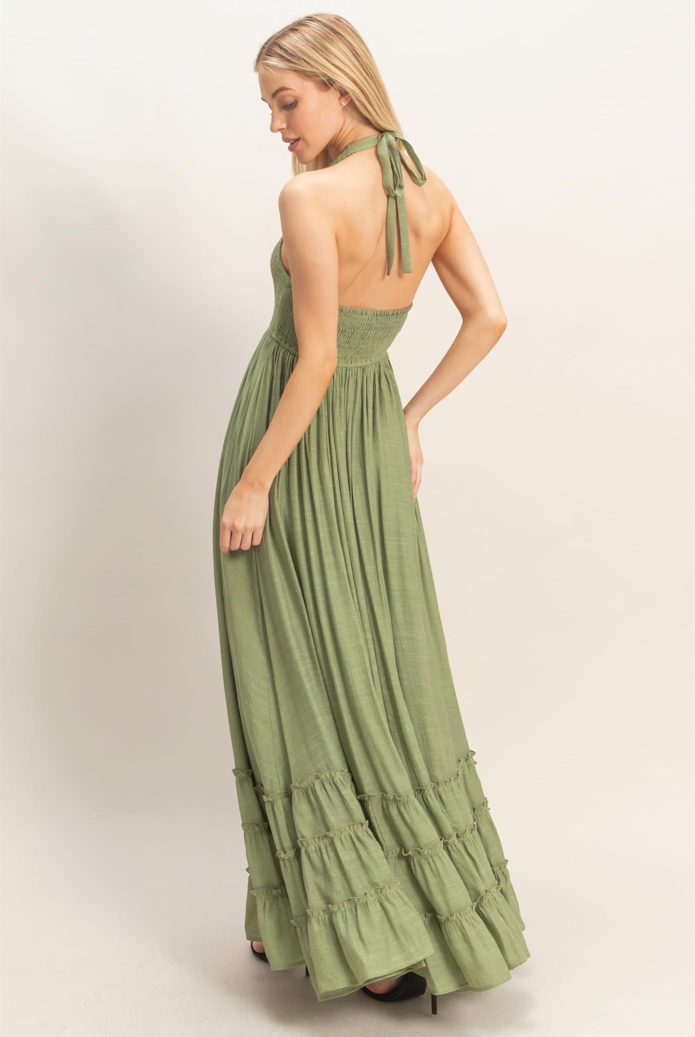 Wholesale Halter Neck Smocked Maxi Dress Dresses HF26C287-D LIGHT OLIVE HYFVE