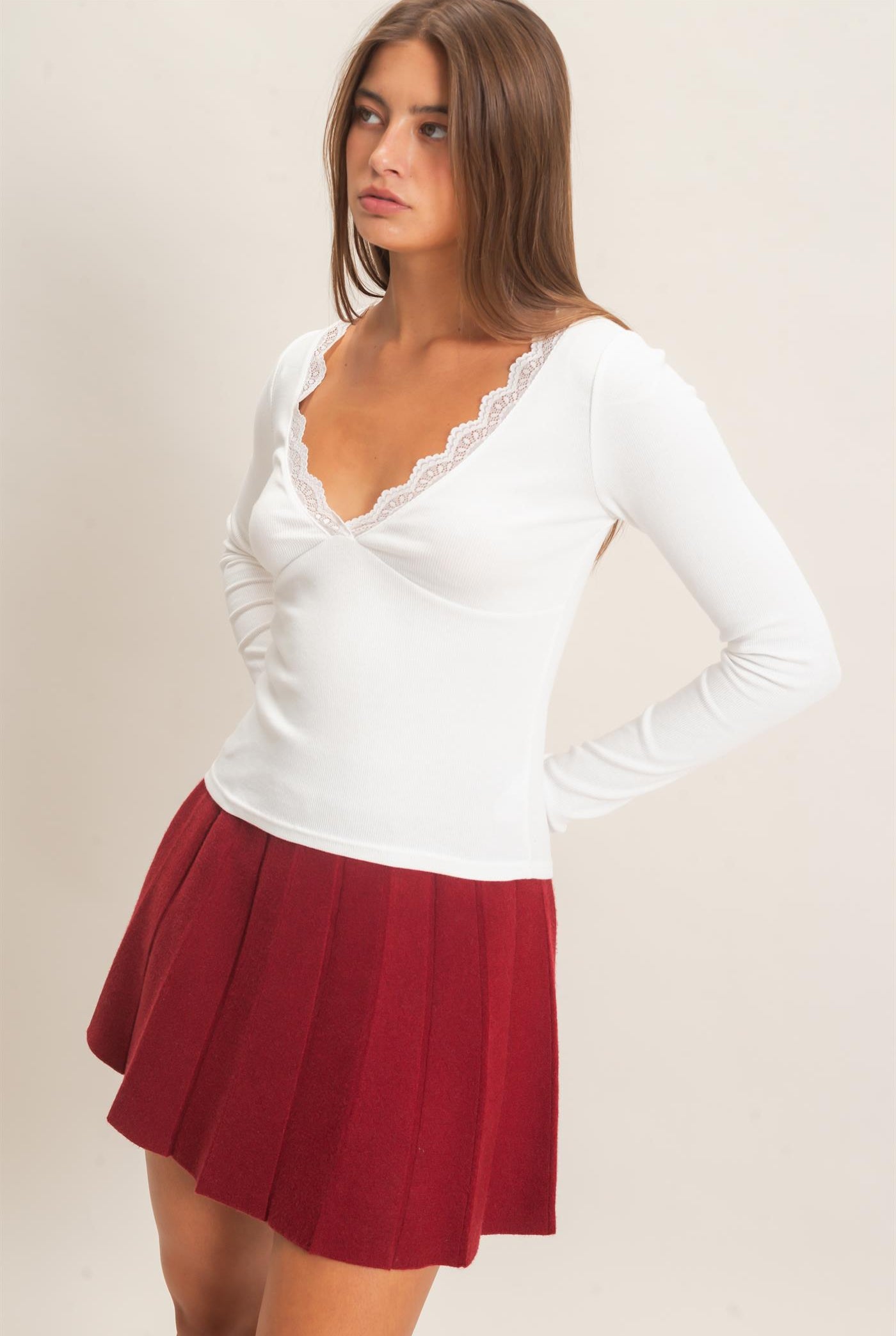 Wholesale Lace Trim V-Neck Top Clothing Tops DZ26E913 WHITE DOUBLE ZERO