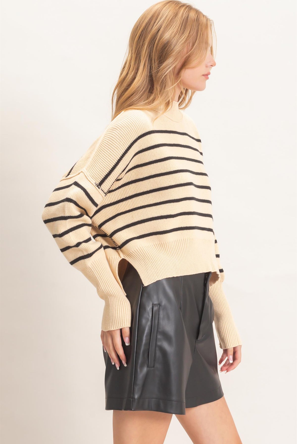 Wholesale Striped Mock Neck Cropped Sweater Sweaters HF26F192 BLACK HYFVE