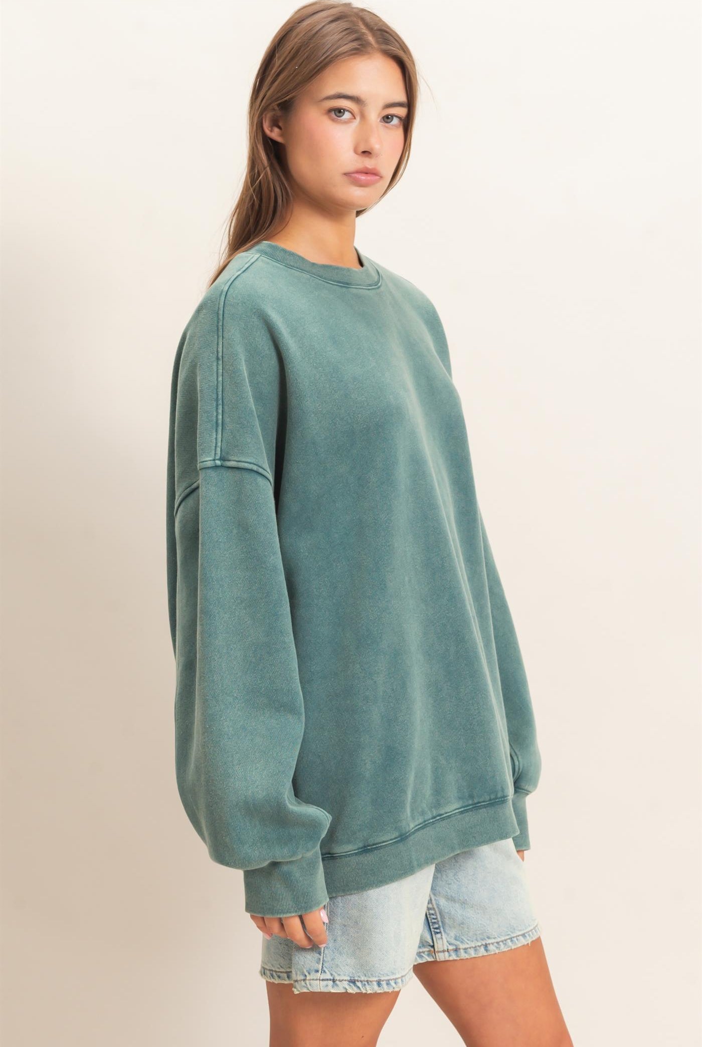 Wholesale Acid Wash Crew Neck Long Sleeve Sweatshirt Sweatshirts DZ26E268 DARK TEAL DOUBLE ZERO