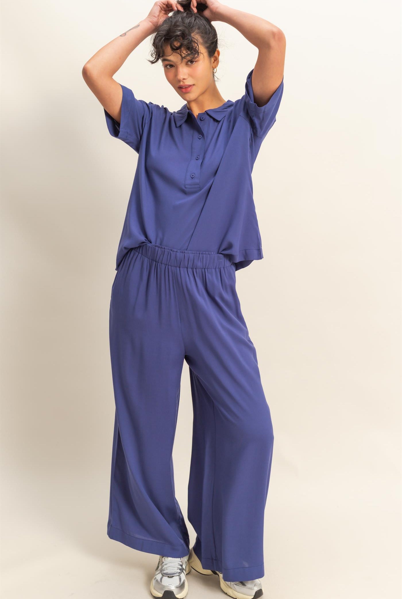 Wholesale High Waist Woven Wide Leg Pants Pants DZ25C192 DUSTY INDIGO DOUBLE ZERO
