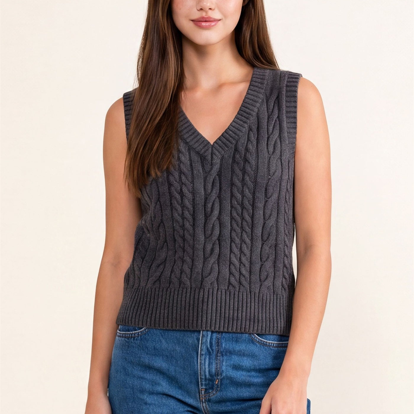 Wholesale Cable Knit V-Neck Sweater Vest Sweaters DZ26E548 CHARCOAL DOUBLE ZERO