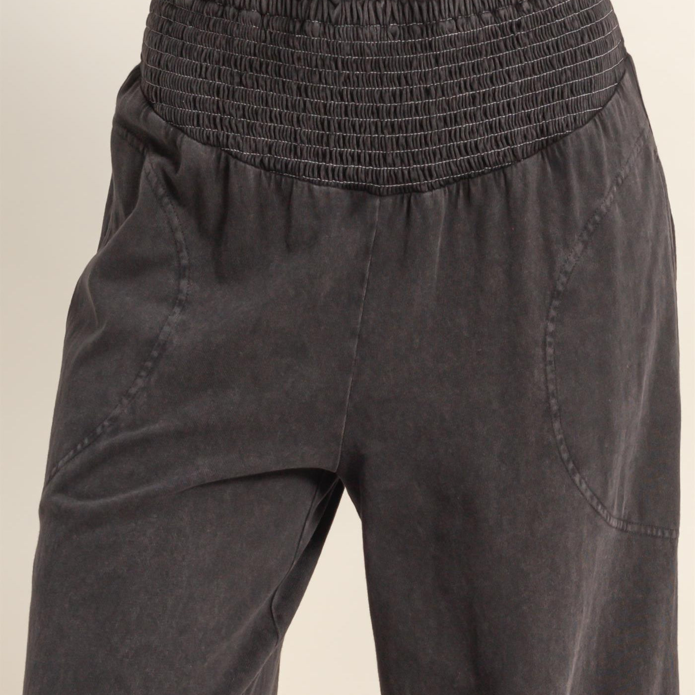 Wholesale Mineral Washed Wide-Leg Smocked Waist Pants Pants DZ26A249 BLACK DOUBLE ZERO