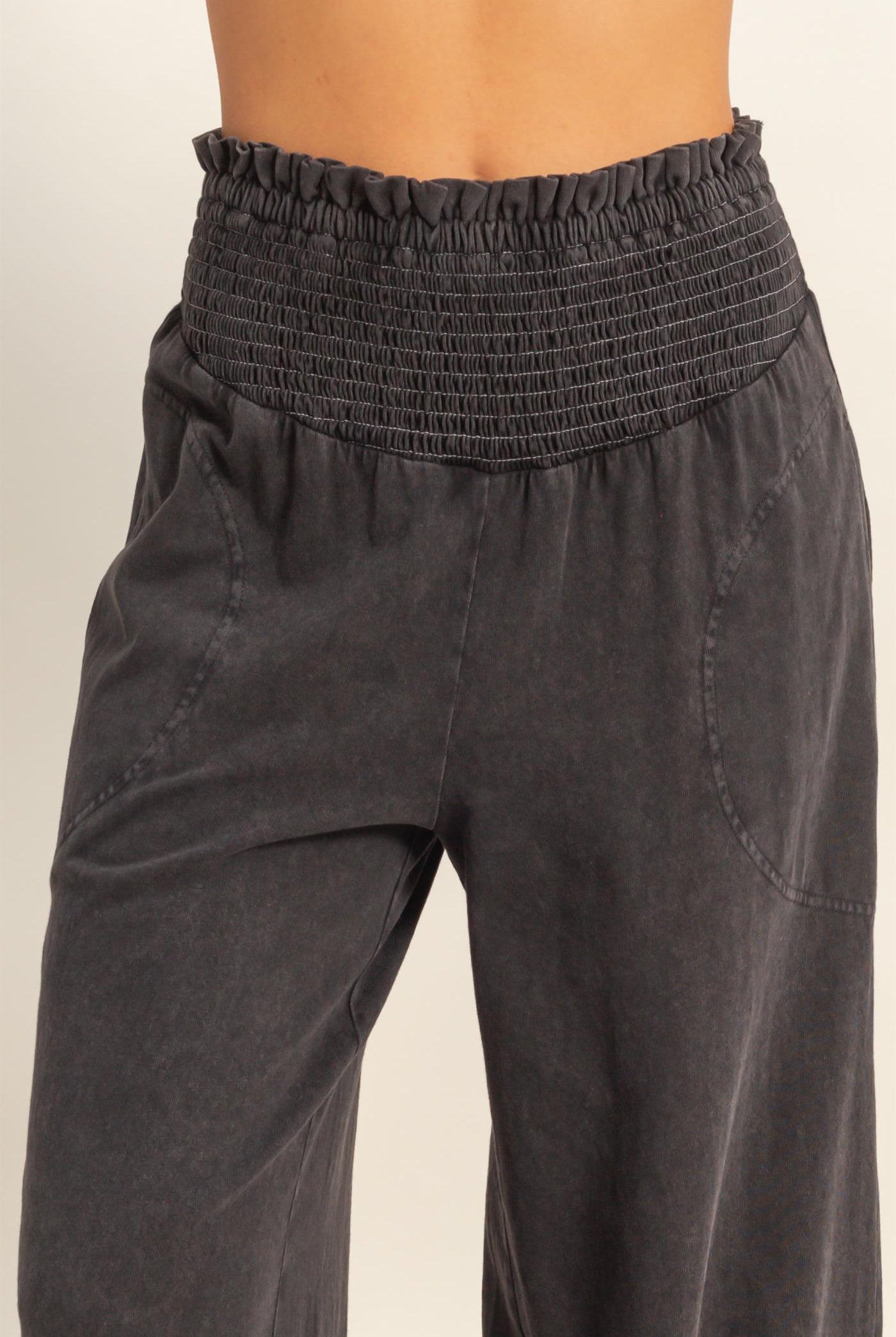 Wholesale Mineral Washed Wide-Leg Smocked Waist Pants Pants DZ26A249 BLACK DOUBLE ZERO