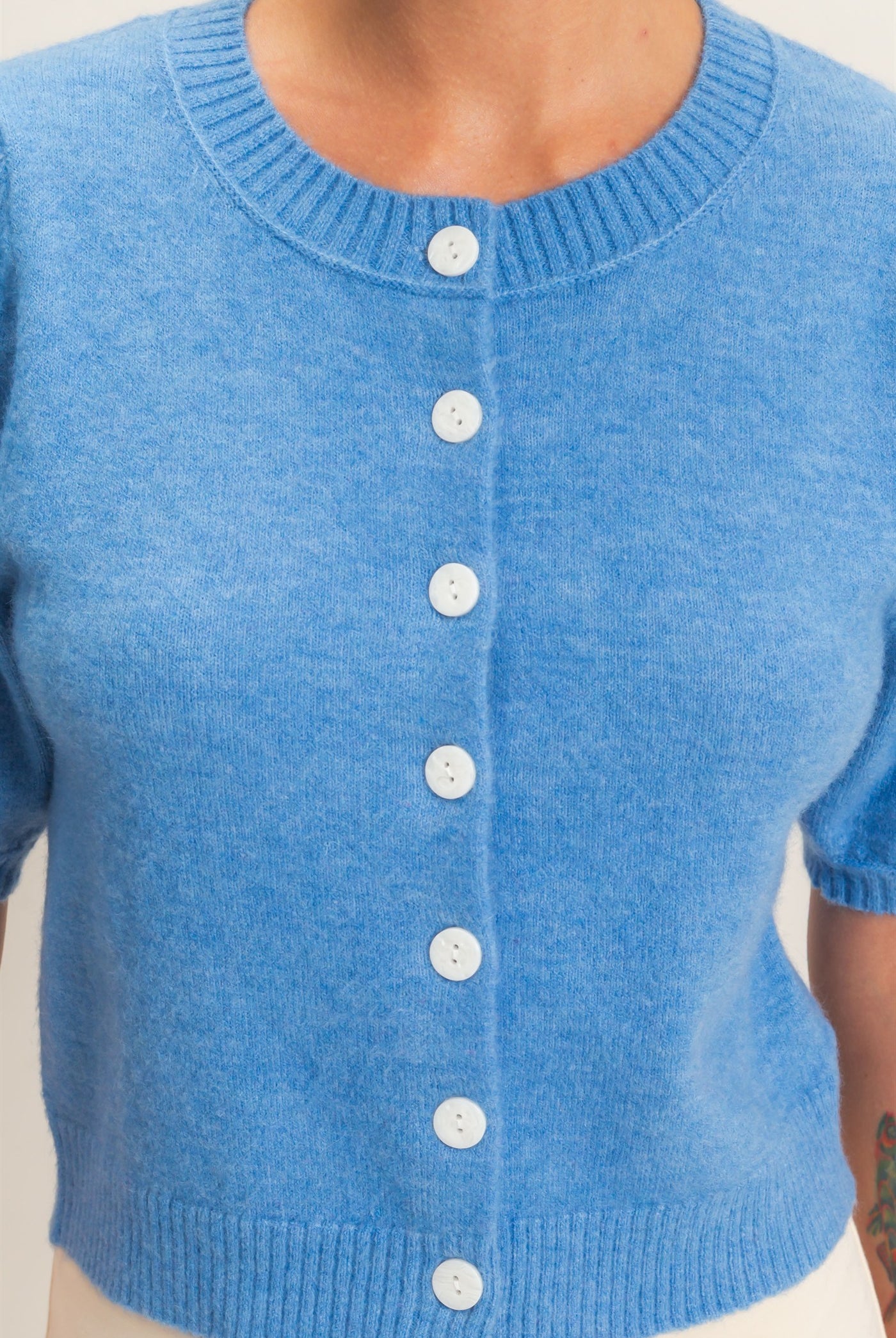 Wholesale Button Front Puff Short Sleeve Cardigan Cardigans DZ26C960 BLUE DOUBLE ZERO