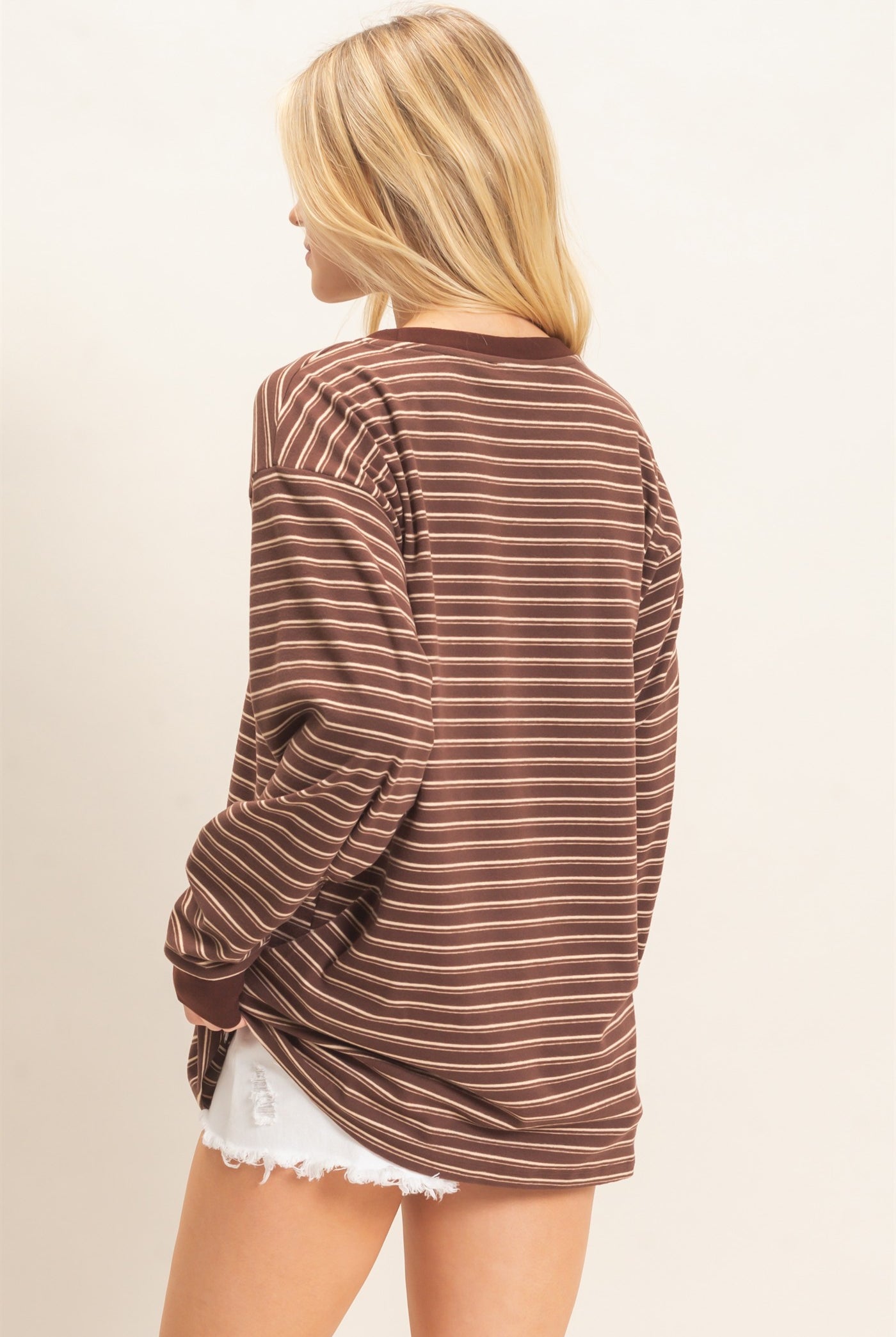 Wholesale Striped Long Sleeve Crew Neck Top Clothing Tops HF26C676 BROWN HYFVE