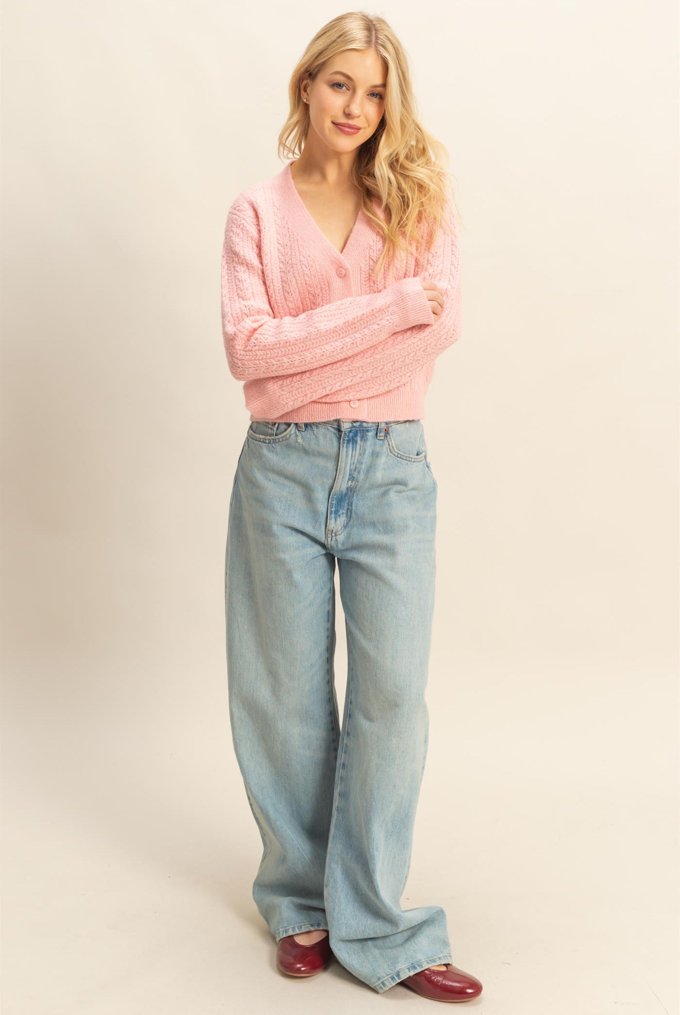 Wholesale Buttoned Cable Knit Sweater Cardigans HF25E396 PINK DOUBLE ZERO