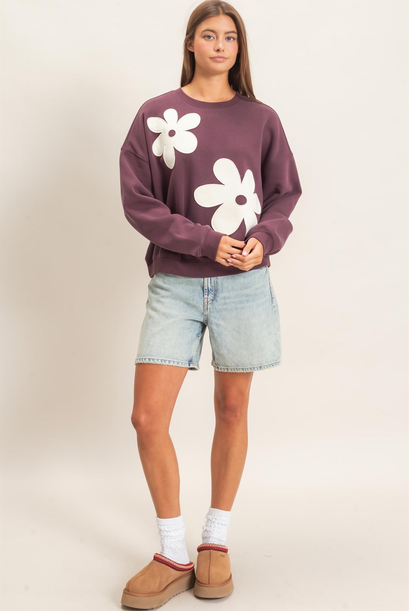 Wholesale Floral Applique Crew Neck Sweatshirt Sweatshirts DZ26E708 COCOA DOUBLE ZERO