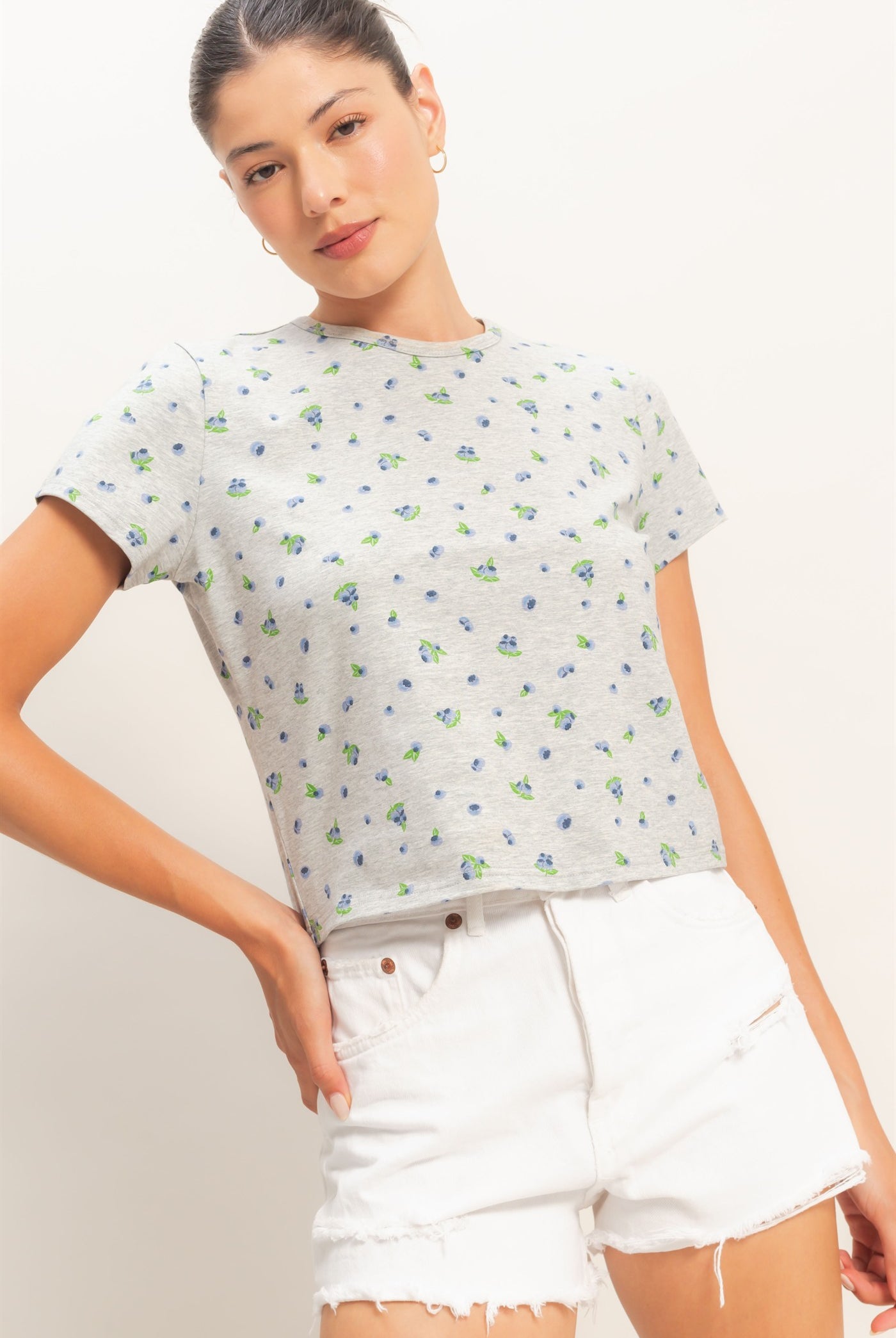 Wholesale Blueberry Print Crew Neck Tee Clothing Tops HF26C787 HEATHER GRAY HYFVE