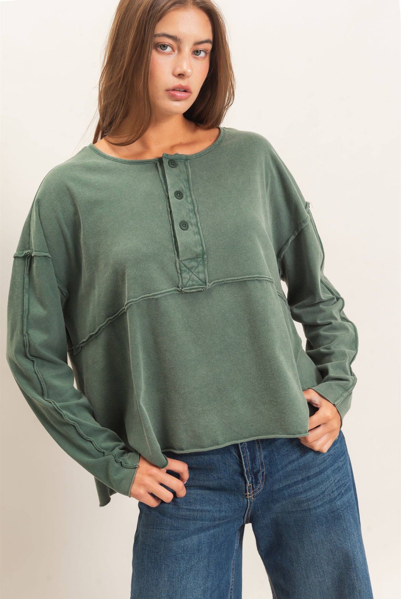 Wholesale Oversized Henley Top With Raw Edges Clothing Tops DZ26F128 DARK GREEN DOUBLE ZERO