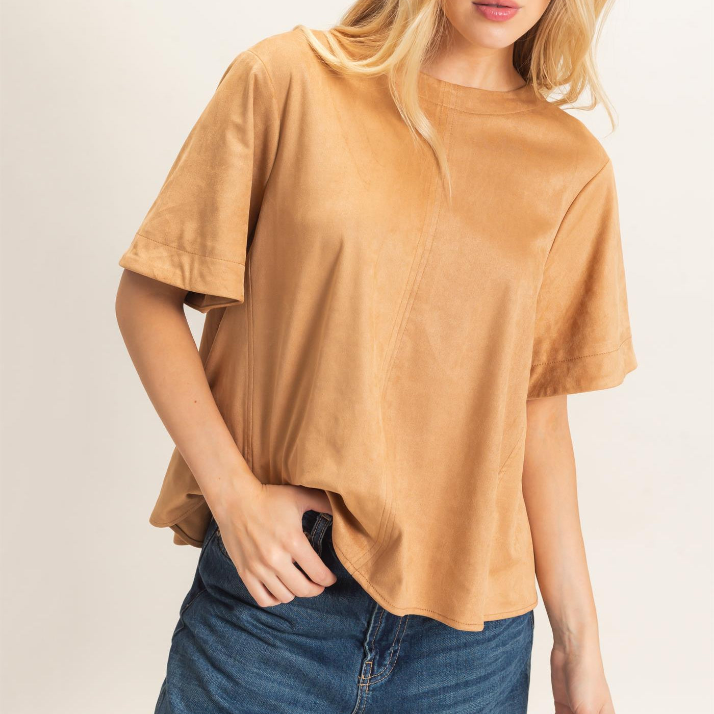Wholesale Suede Boat Neck Top Clothing Tops HF26E351 CAMEL HYFVE