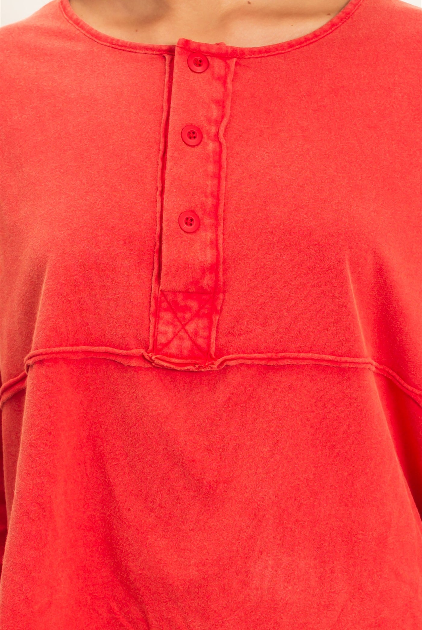 Wholesale Oversized Henley Top With Raw Edges Clothing Tops DZ26F128 RED DOUBLE ZERO