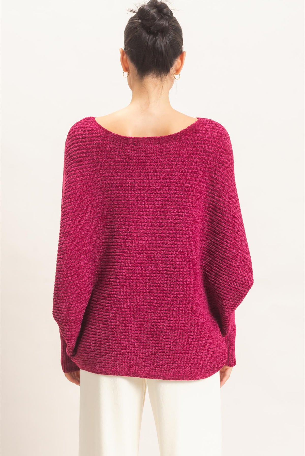 Wholesale Chenille Boat Neck Dolman Sleeve Sweater Sweaters HF26F185 BURGUNDY HYFVE