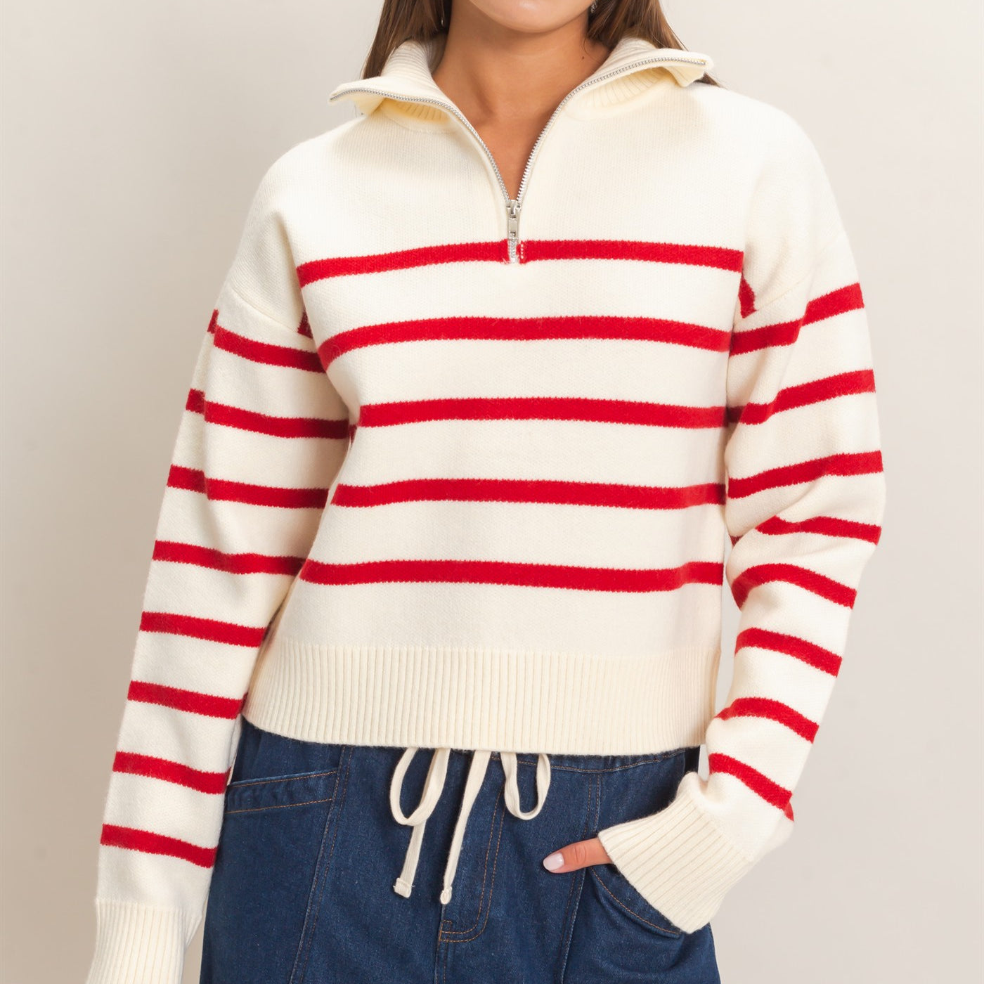 Wholesale Half-Zip Collared Stripe Sweater Sweaters DZ26E950 RED DOUBLE ZERO
