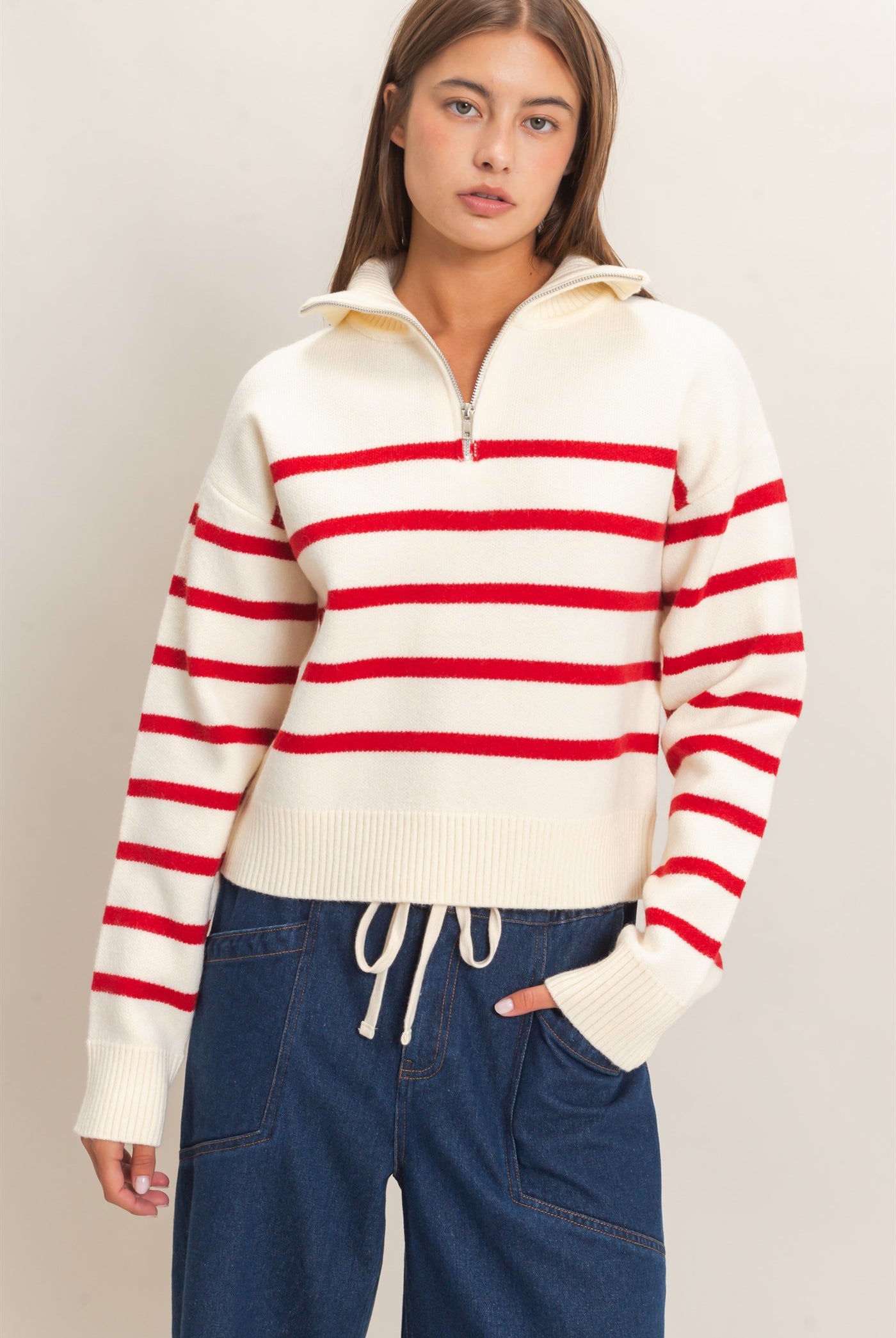 Wholesale Half-Zip Collared Stripe Sweater Sweaters DZ26E950 RED DOUBLE ZERO