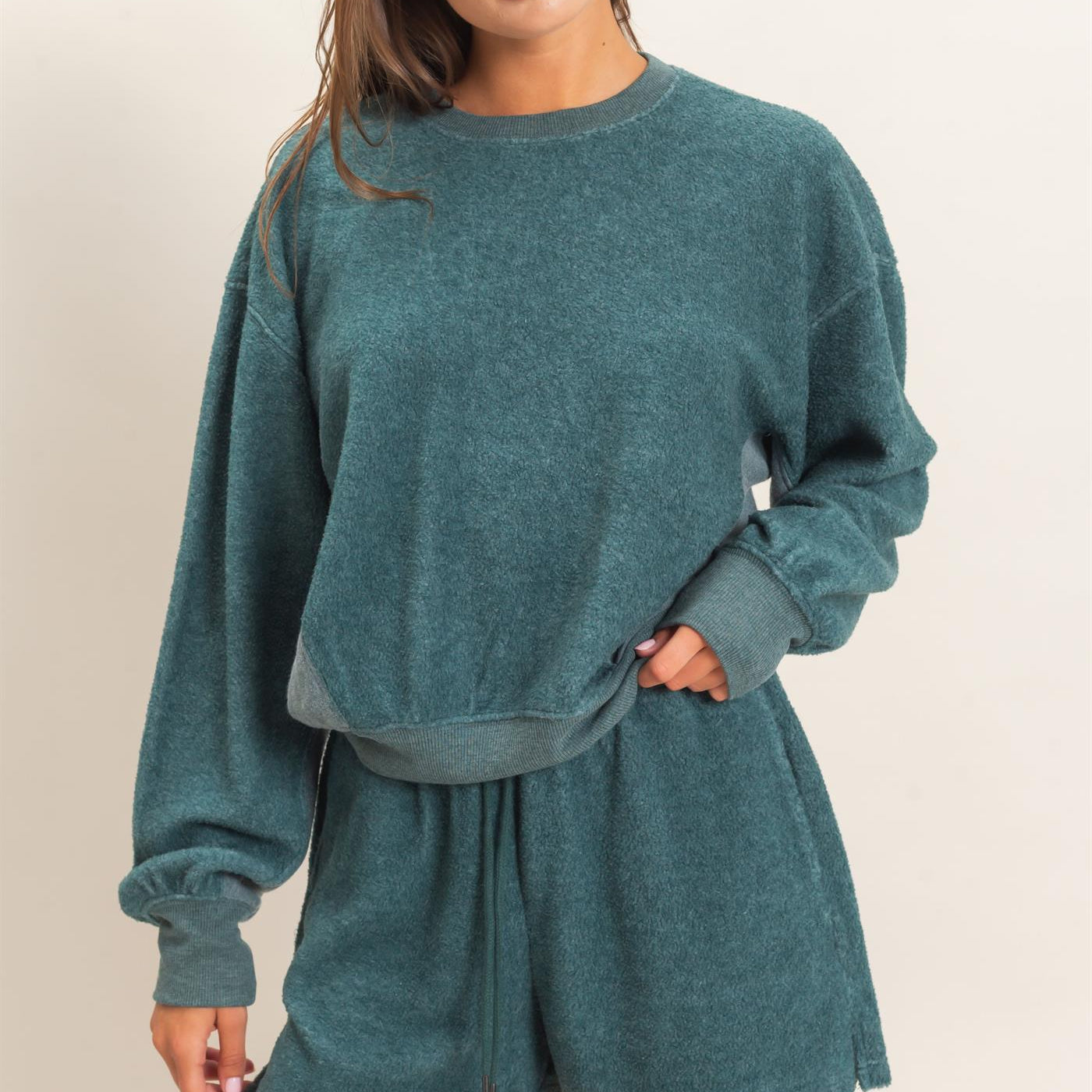 Wholesale Contrast Sweatshirt & Shorts Set Clothing DZ25F478-SET DARK TEAL DOUBLE ZERO