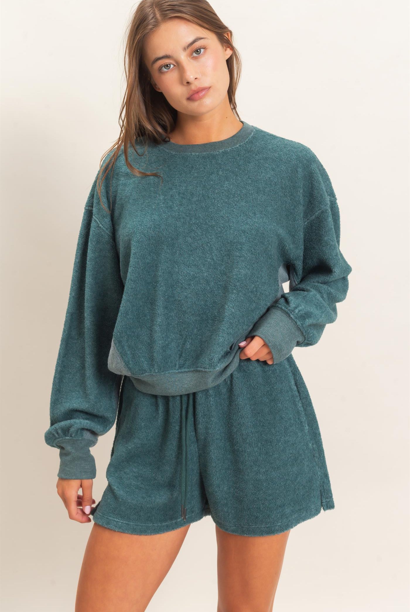 Wholesale Contrast Sweatshirt & Shorts Set Clothing DZ25F478-SET DARK TEAL DOUBLE ZERO
