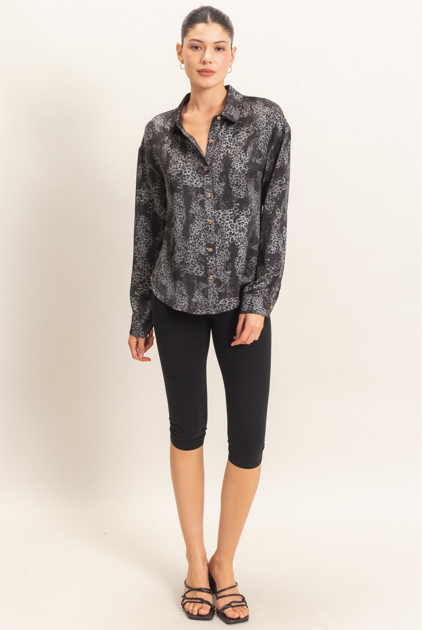 Wholesale Leopard Satin Button-Up Shirt Clothing Tops HF26E159 BLACK HYFVE