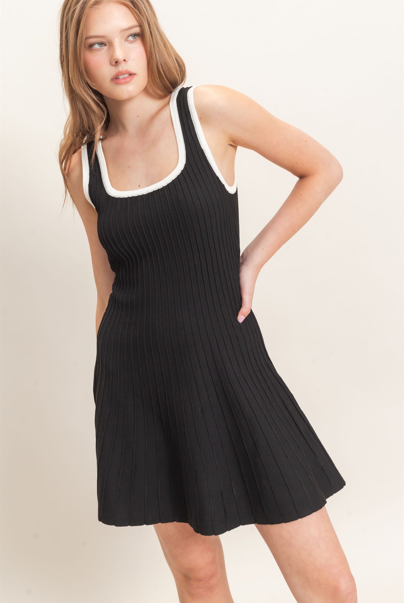Wholesale Ribbed Square Neck Mini Dress Dresses HF26F213 BLACK HYFVE
