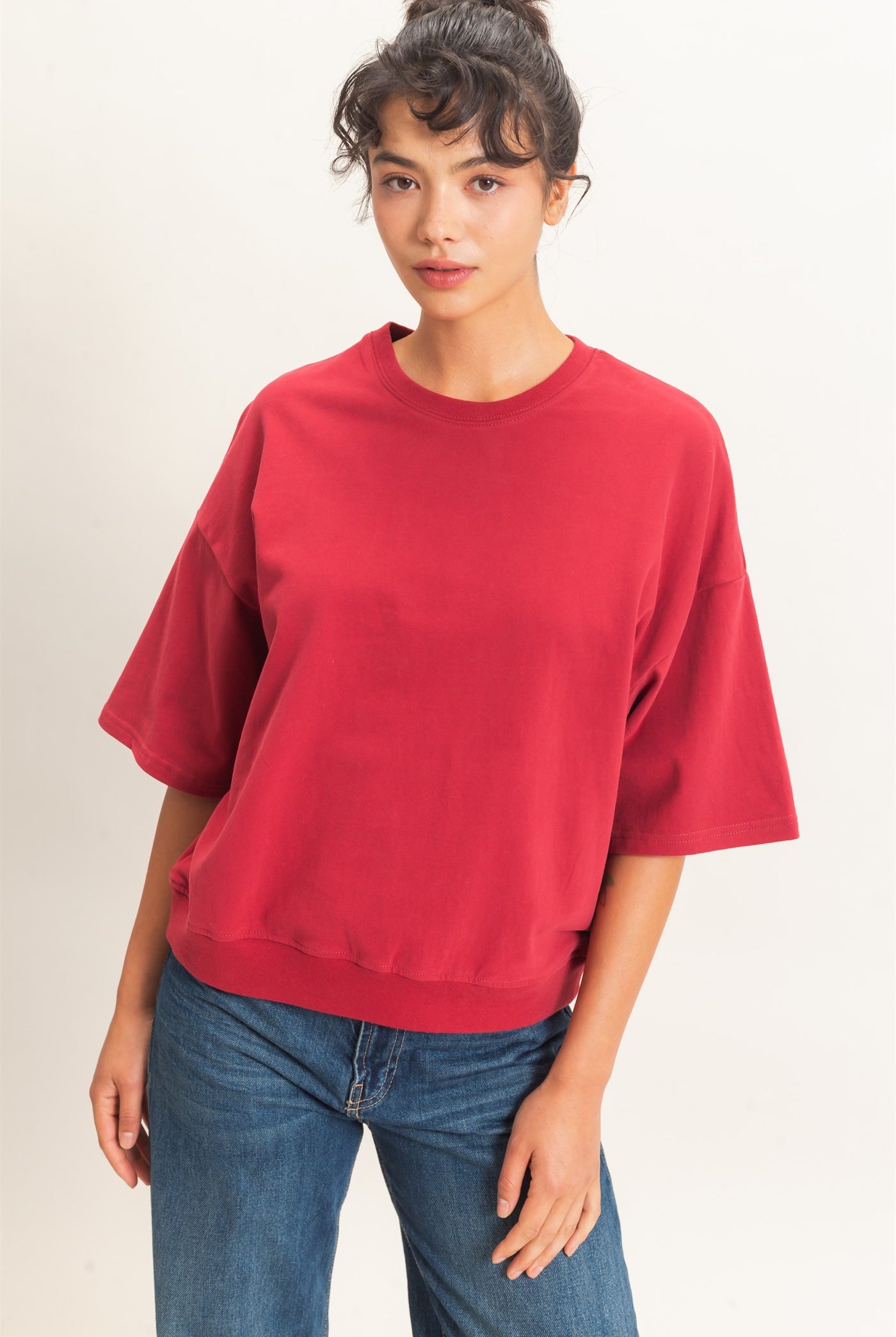 Wholesale Washed Crew Neck Short Sleeve Top Clothing Tops DZ26E381 DARK RED DOUBLE ZERO