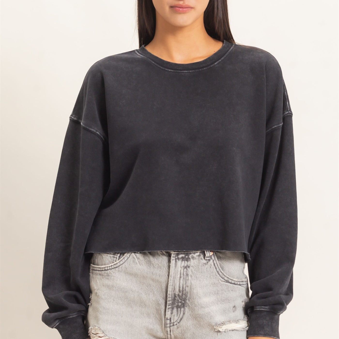 Wholesale Mineral Wash Raw Hem Cropped Sweatshirt Sweatshirts DZ26C968 BLACK DOUBLE ZERO