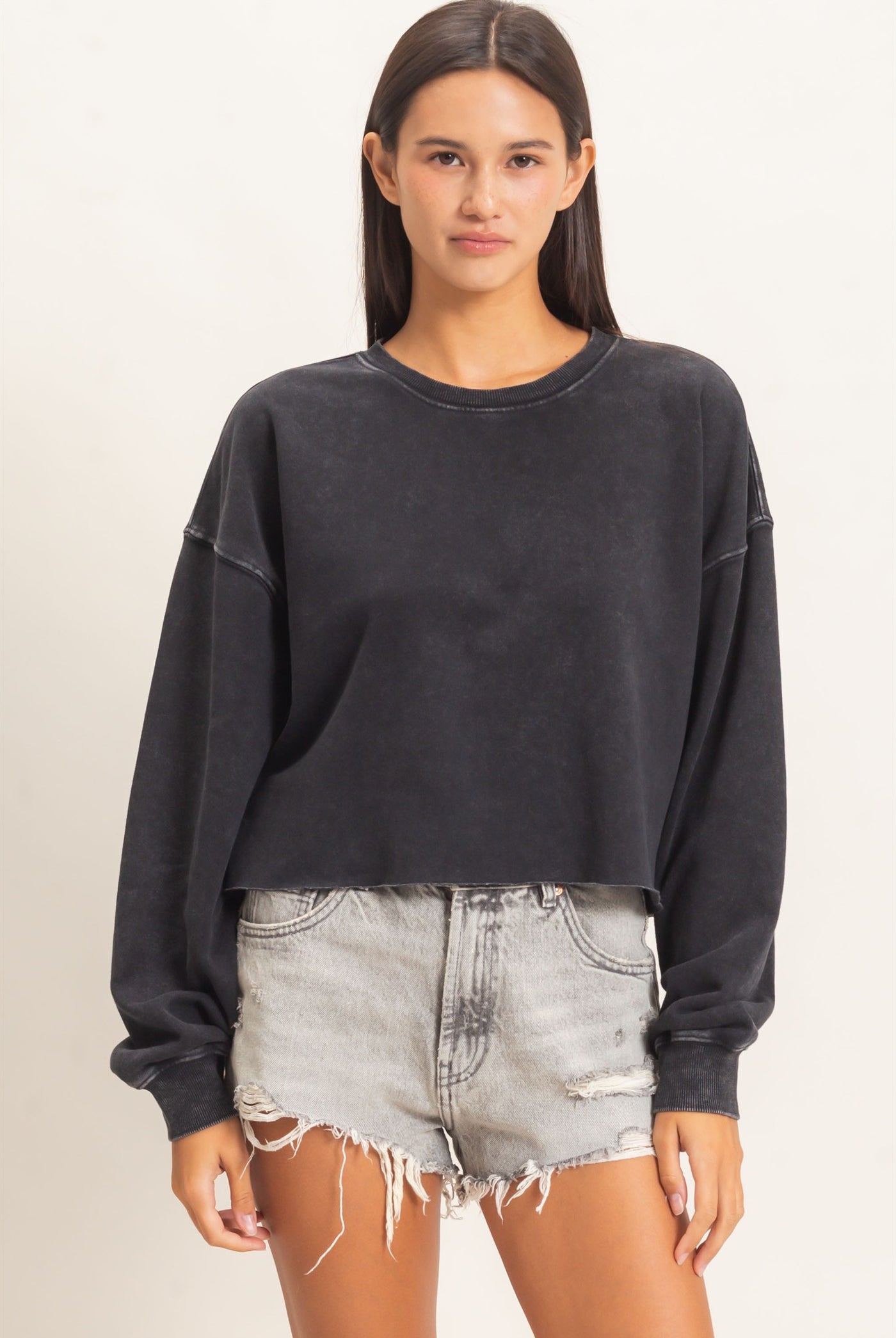 Wholesale Mineral Wash Raw Hem Cropped Sweatshirt Sweatshirts DZ26C968 BLACK DOUBLE ZERO